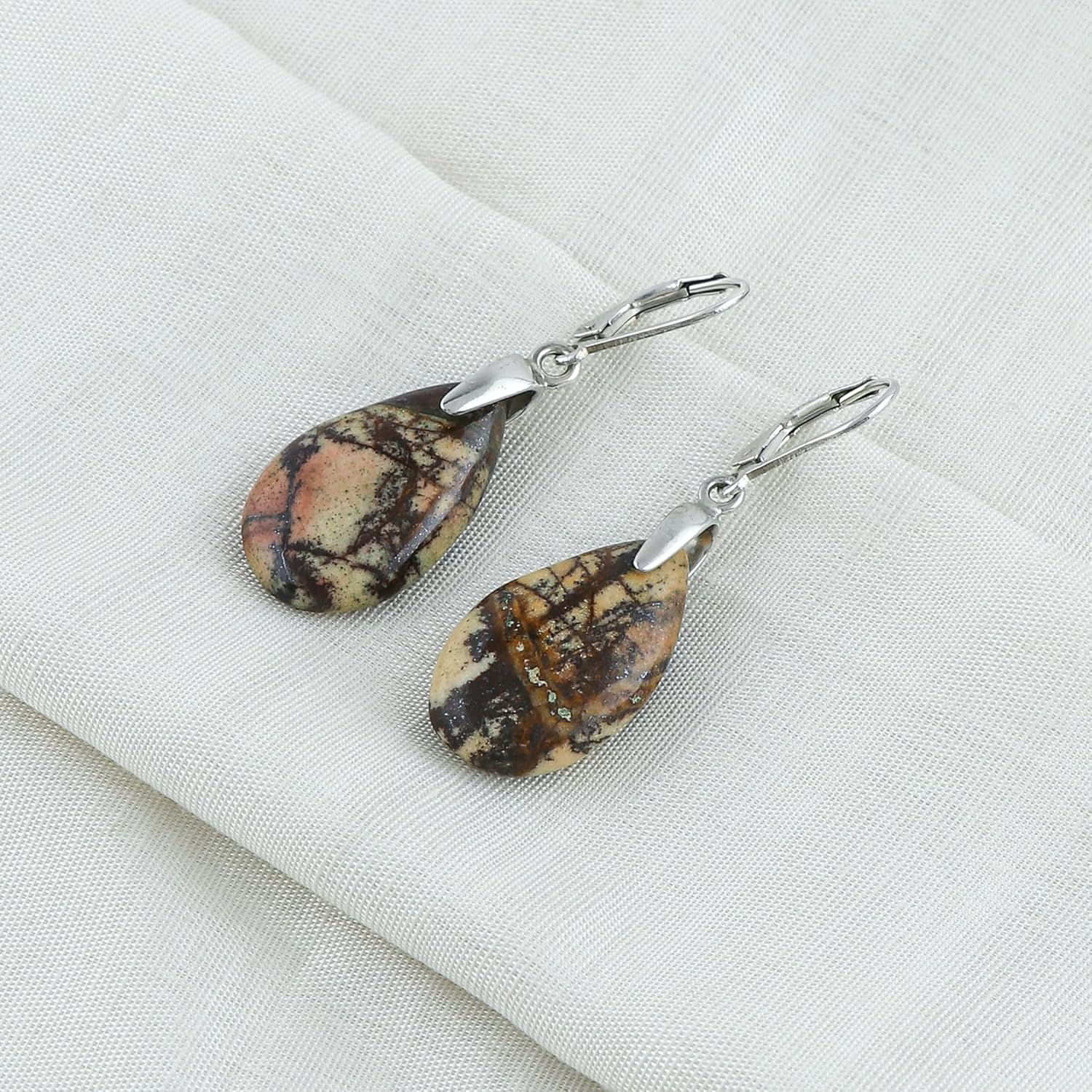 Natural Rosetta Jasper Gemstones Dainty Earrings, 925 Sterling Silver, Handmade, Bohemian, Cabochon Dangle Earrings, Birthstone, Jasper Jewelry, Bridal Earrings for Women - Image 2