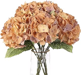 Artificial Flowers Silk Hydrangea Arrangements with 5 Big Heads Fake Flower Bunch Bouquet for Home Wedding Party Decor DIY (Brownish Yellow)
