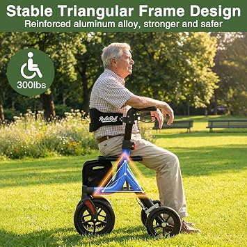 Walkers for Seniors, Rollator Walker with Seat, 10 Big Rubber Wheels All Terrain Rolling Walker, Lightweight Foldable Rollator Walker, Built-in Cable, Reinforced Aluminum Frame, Blue
