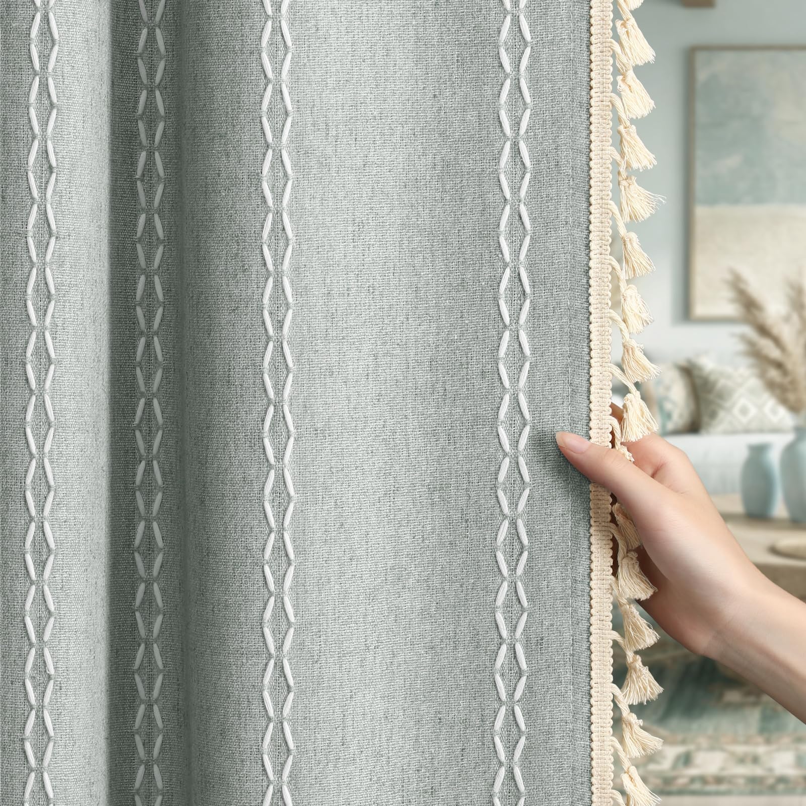 Photo 1 of XOGUIBO Teal Boho Blackout Curtains 90 Inches Long Light Green Linen Blend 2 Panels with Tassels and Cotton Embroidery, Farmhouse Vintage Rustic Rod Pocket Drapes for Living Room or Bedroom