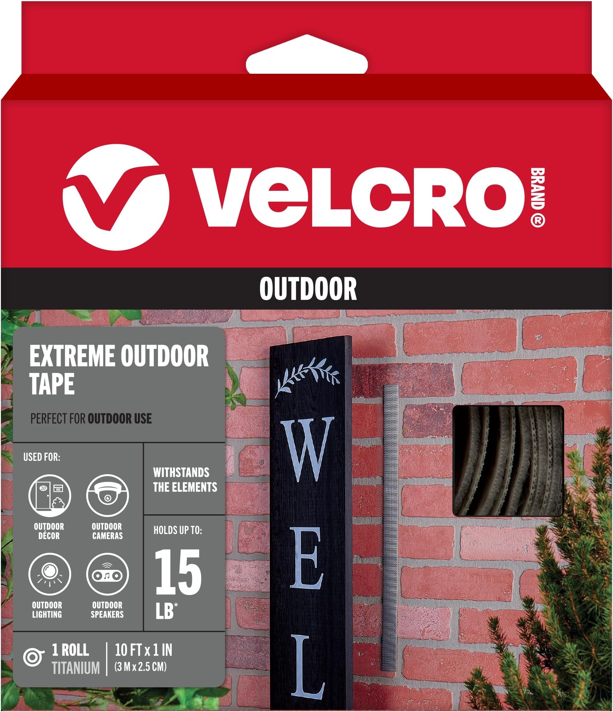 VELCRO Brand Extreme Outdoor Heavy Duty Tape | 10Ft x 1 in | Holds 15 lbs | Titanium, Industrial Strength Adhesive Back Rolls | Strong Weather Resistant for Brick, Concrete (91365)
