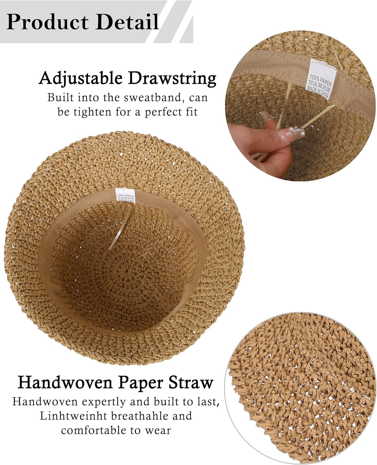 Womens Sun Hat Handmade Crochet Straw Bucket Hat Summer UV Protection Foldable Travel Cap UPF 50+ - Image 4