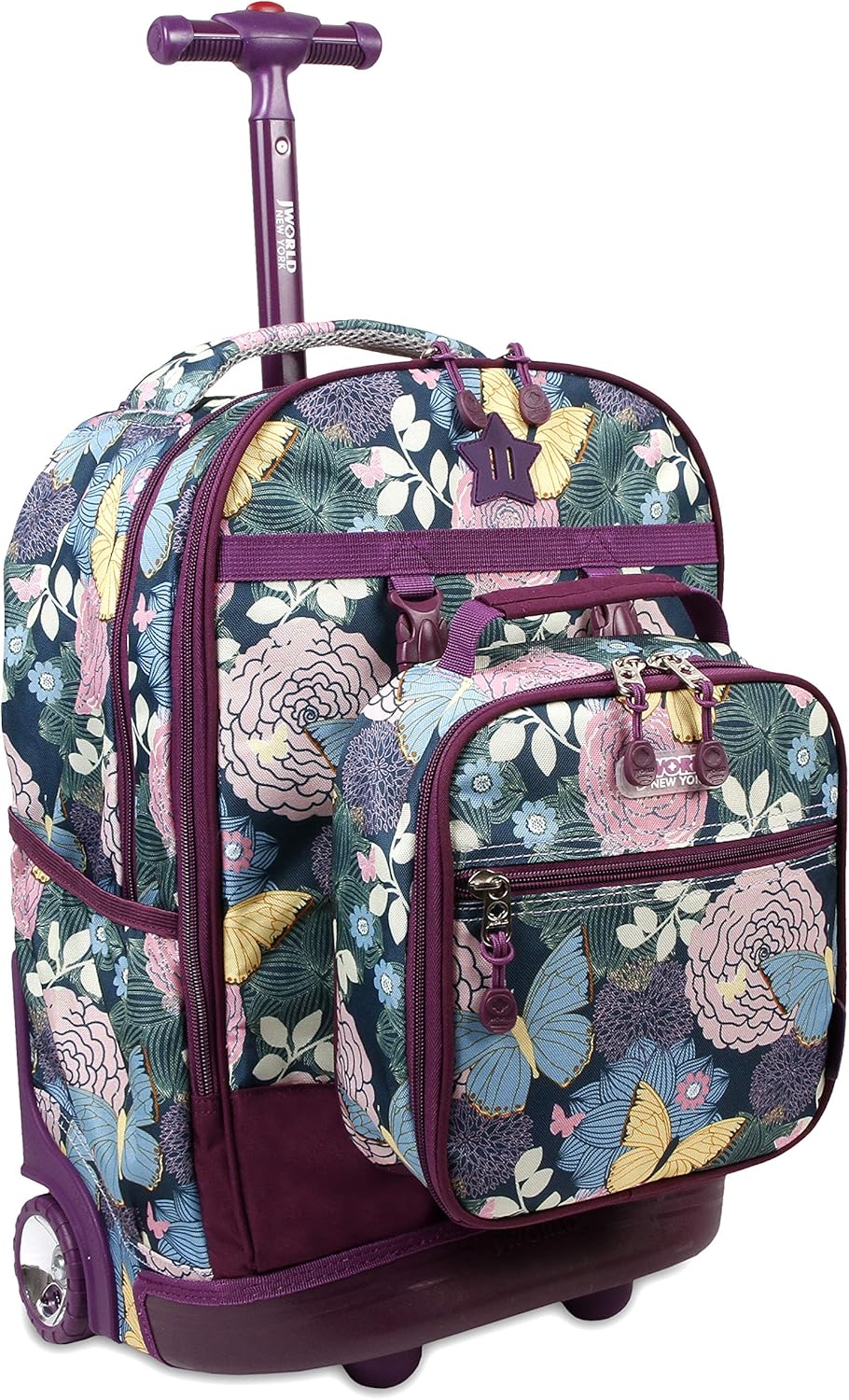 J World Duo Kids Rolling Backpack With Lunch Box Set. School Bookbag on Wheels, Secret Garden