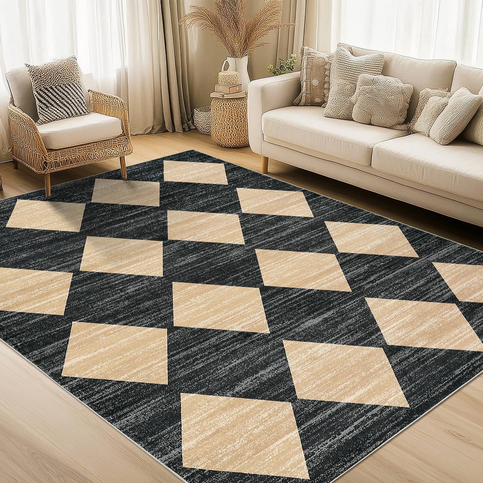GarveeHome 8x10 Black Washable Rug for Bedroom Living Room Office Low Pile Neutral Area Rug Geometric Checkered Carpet