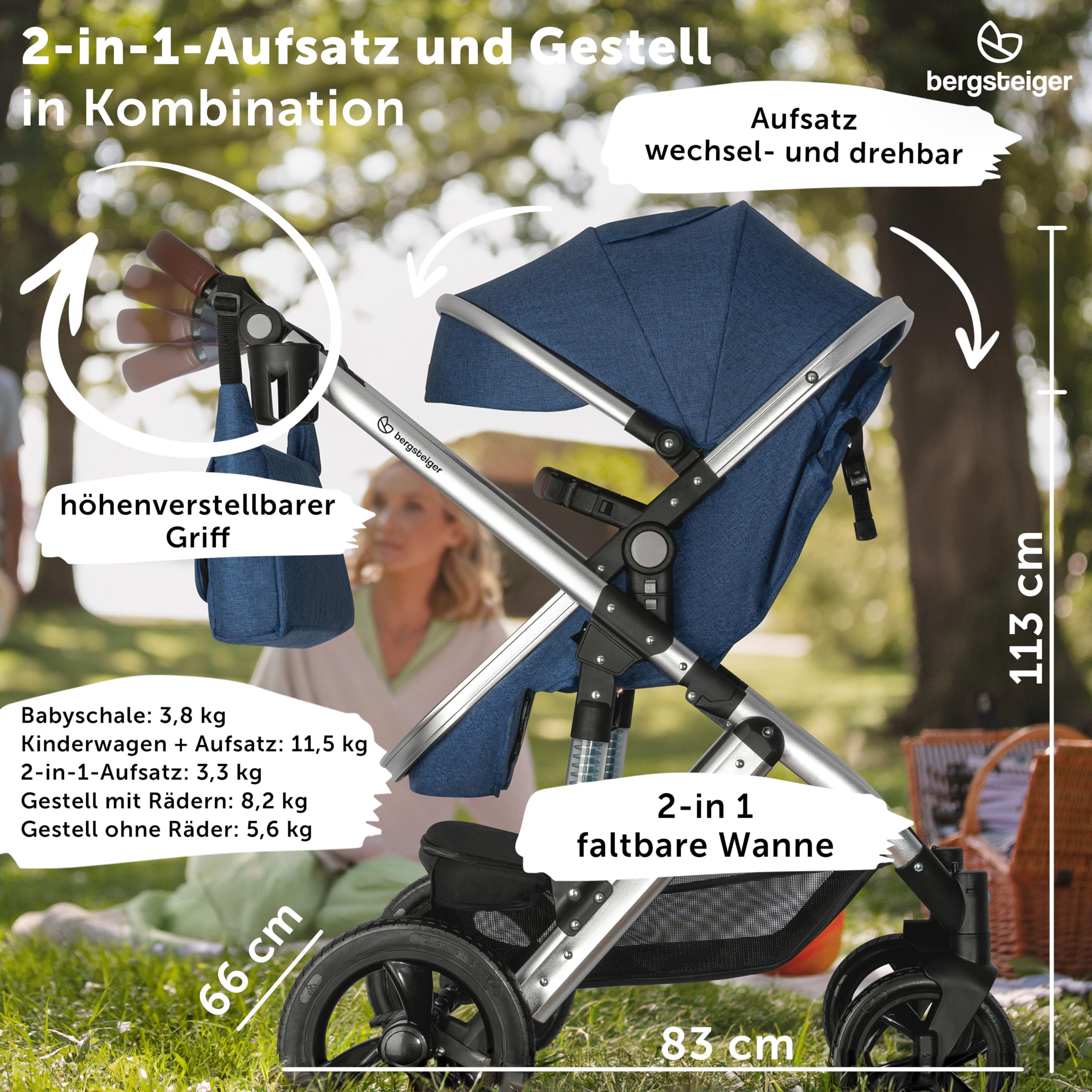 Bergsteiger Nizza Kombikinderwagen 3-in-1 Isofix Station Babyschale | Komplettset mit Aluminiumgestell Schwenkrädern verstellbarem Griff Babywanne Buggysitz Wickeltasche und Regenschutz