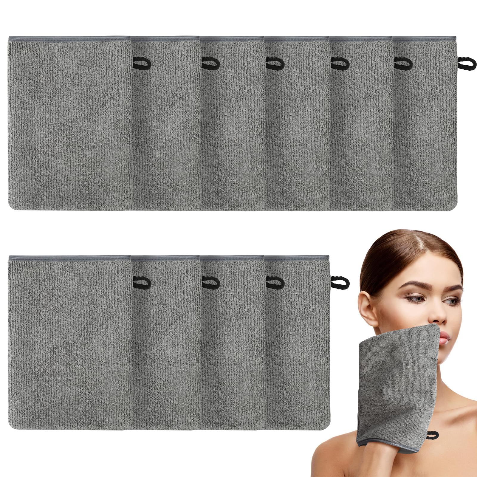 Qichan 10 Pcs Facial Mitts, 15 x 21cm Soft Bamboo Fiber Wash Mitts Body and Face, Reusable Makeup Remover Gloves, Gray Microfibre Face Cloth for Bath & SPA