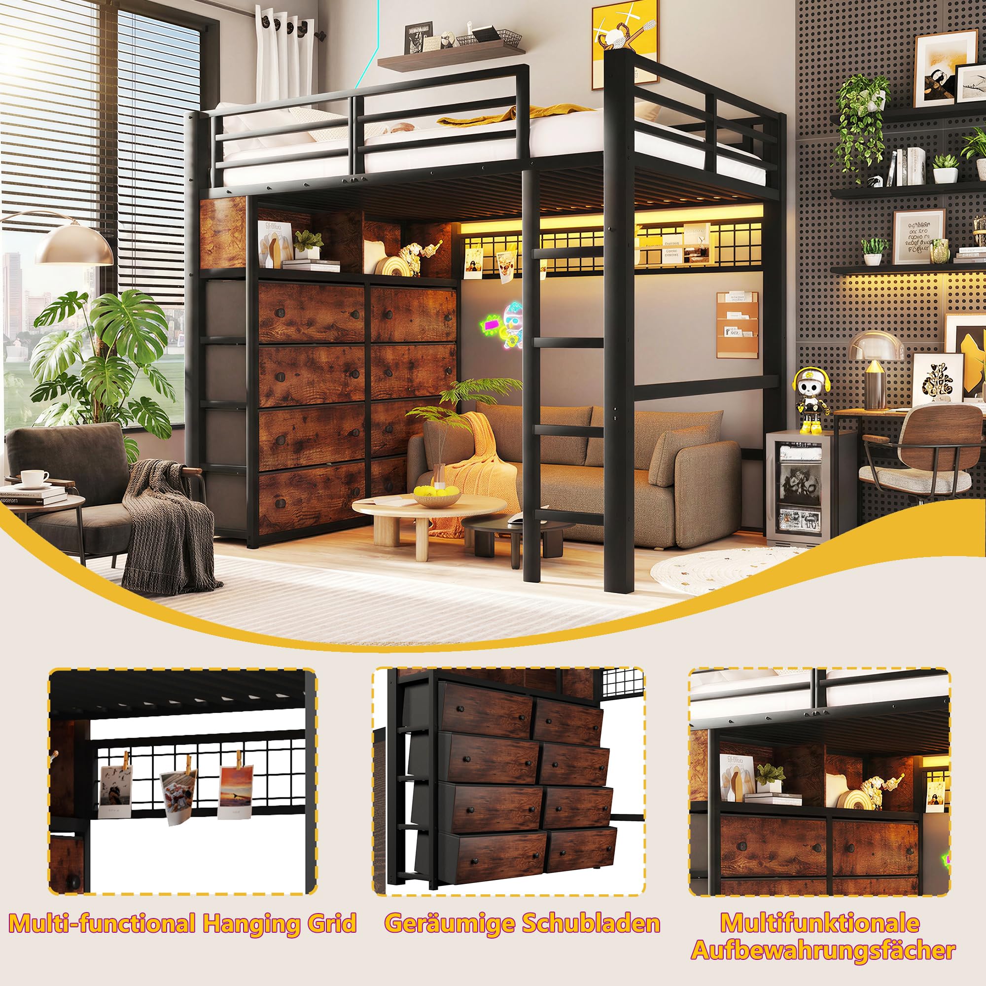 Cama Alta 140x200 con Somier de Lamas Cama con Cajones Marco de Metal Double Bed con 8 Cajones con Protección Anticaídas Perimetral con Baldas Abiertas para Vivienda Negro