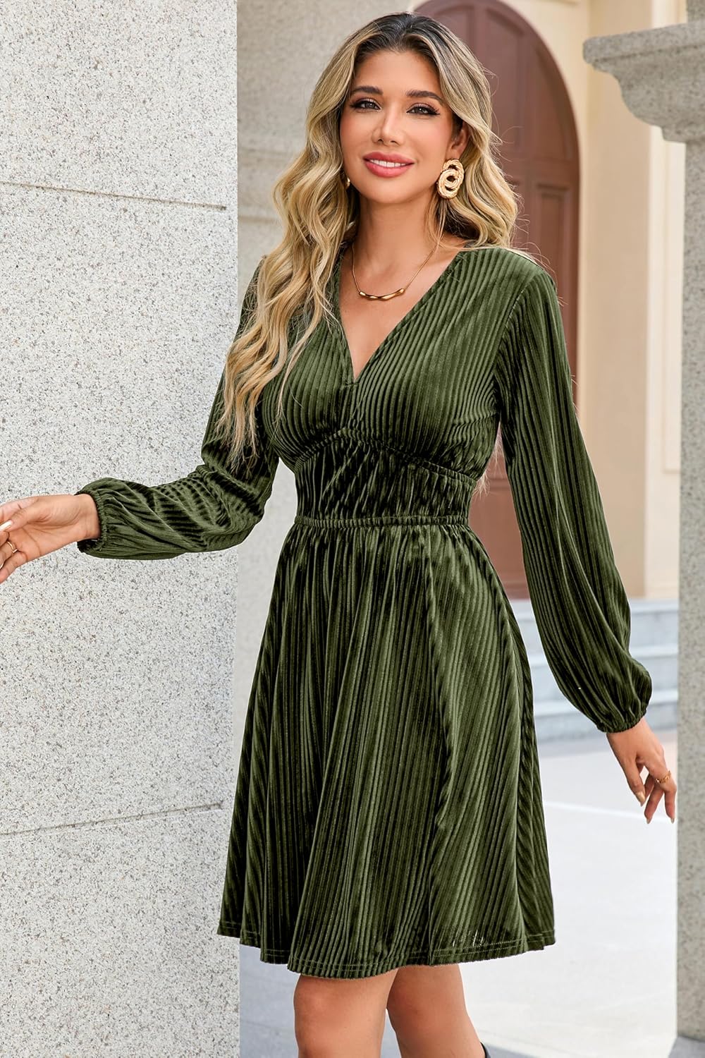 R.Vivimos Womens Fall Winter Velvet Striped Mini Dress 2026 Long Sleeve V Neck Elastic High Waist Elegant Casual A-Line Dress - Image 7