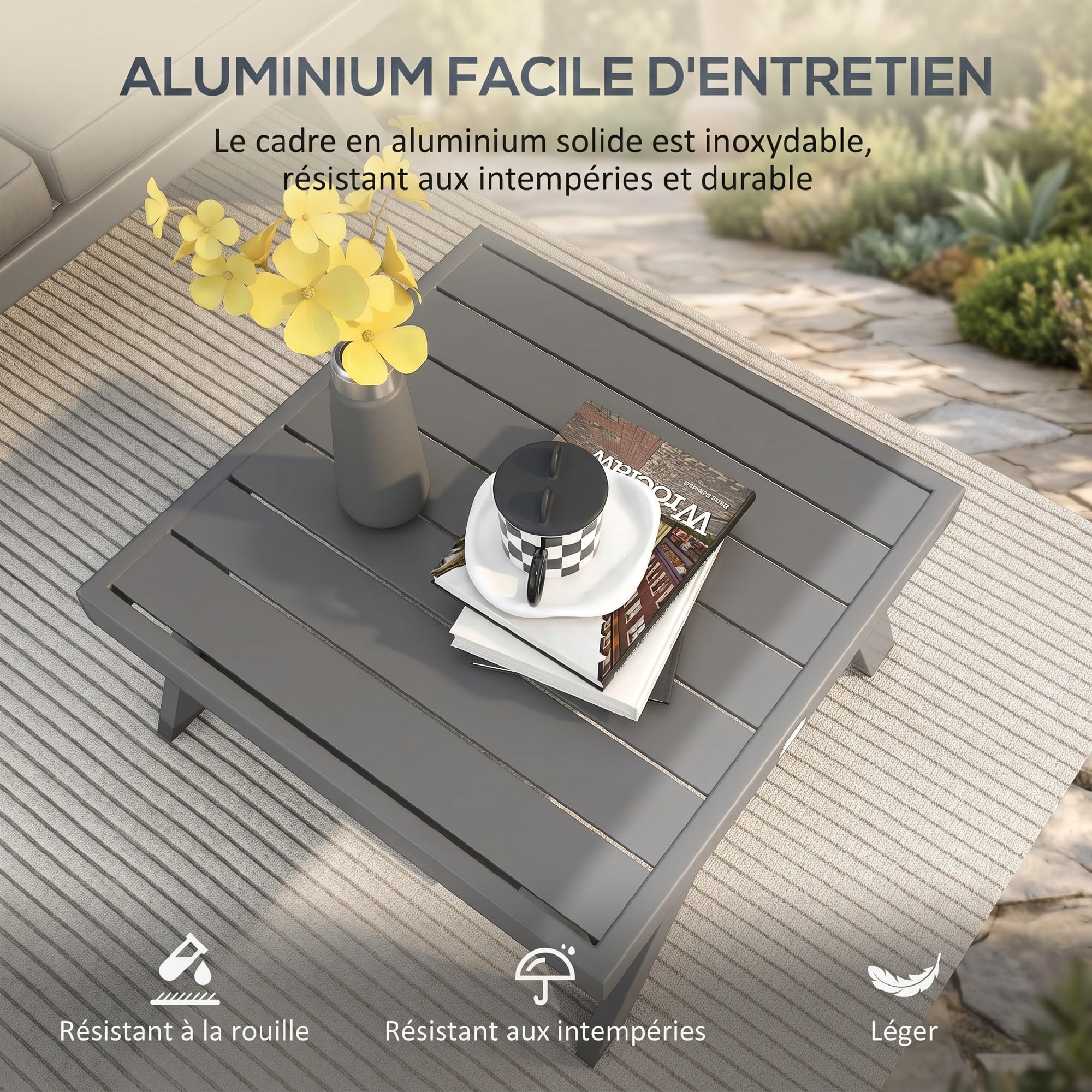 Outsunny Salon de Jardin Extérieur d'angle Convertible 4 Pièces Gris | 2 Banquettes, 1 Fauteuil, 1 Table Basse, Mobilier Aluminium et Acier, Terrasse Balcon