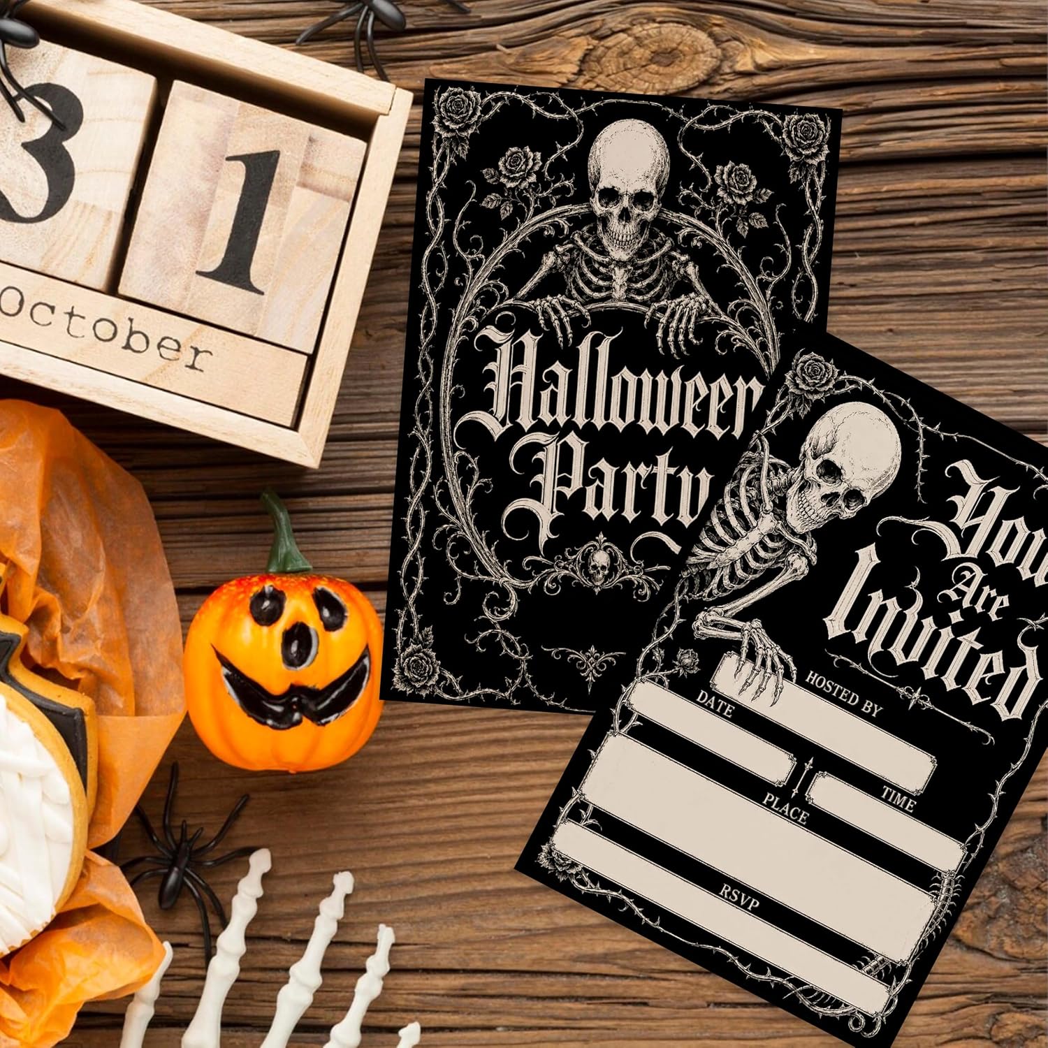 Gothic Skeleton Halloween Party Invitations, Spooky Invite Cards