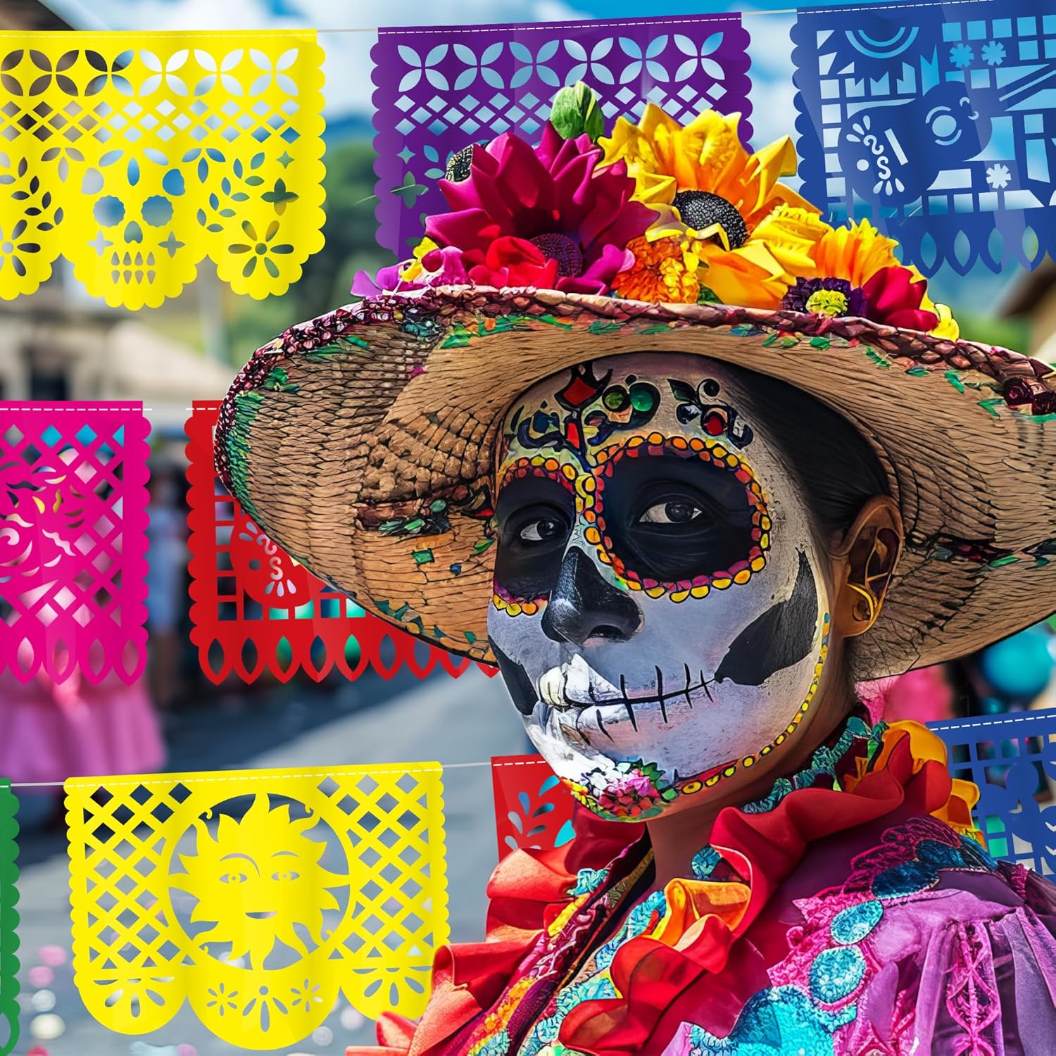 18PCS Mexican Party Decorations, 331FT Papel Picado Dia De Los Muertos, Plastic Colorful Fiesta Banner for Cinco De Mayo Party Decorations Hanging Altar de Muertos Decorations Day of the Dead Decor