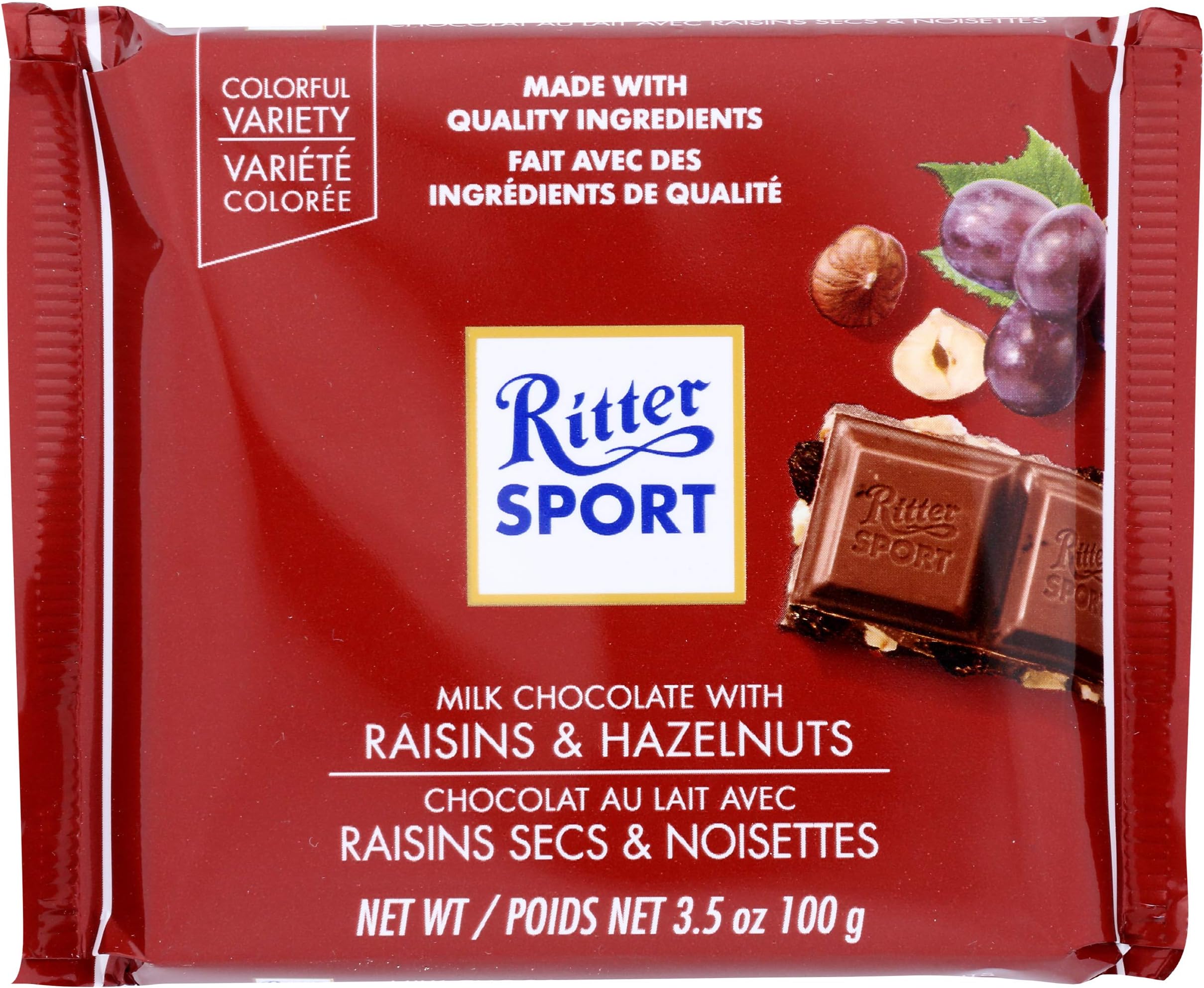 Ritter Sport, Raisin & Hazelnut Chocolate Bar, 3.5 oz