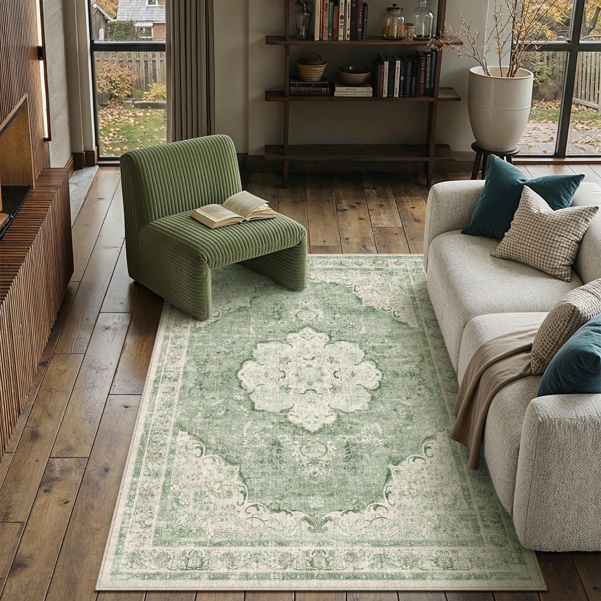 PureCozy Vintage Rugs Living Room Large Washable 120x170cm Carpet Green Non Slip Area Rug for Kids Bedroom Bedside Nursery Playroom Lounge Office Indoor Low Pile Carpets