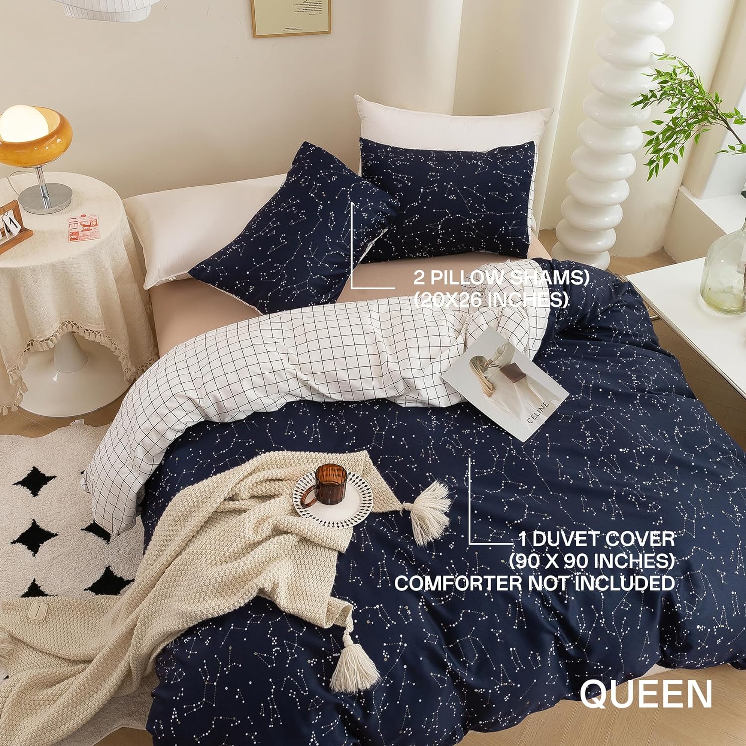 ECOCOTT Duvet Cover Queen, 100% Natural Cotton 1 Duvet Cover +2 Pillowcases Bedding Set,Navy and Cosmic Constellation Reversible Printed Pattern Soft Cozy Breathable and Durable Duvet Cover Set - Image 2