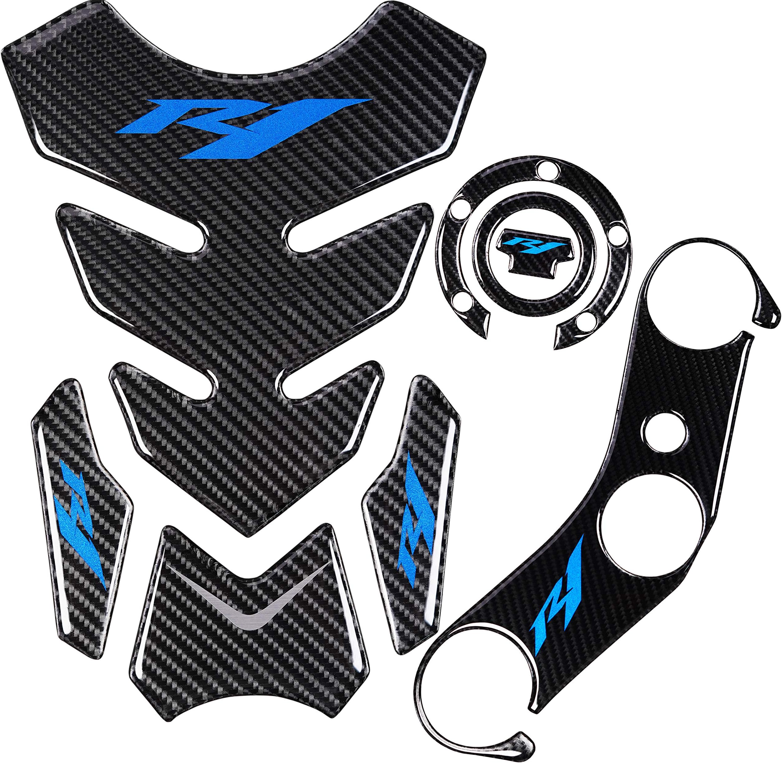 5D Real Carbon, Motorcycle Gas Tank Protector, Tank Pad Sticker, Tank Cap, Fuel Cap Decal, Triple Tree Front End Upper for YZR1 04-06(Blue)