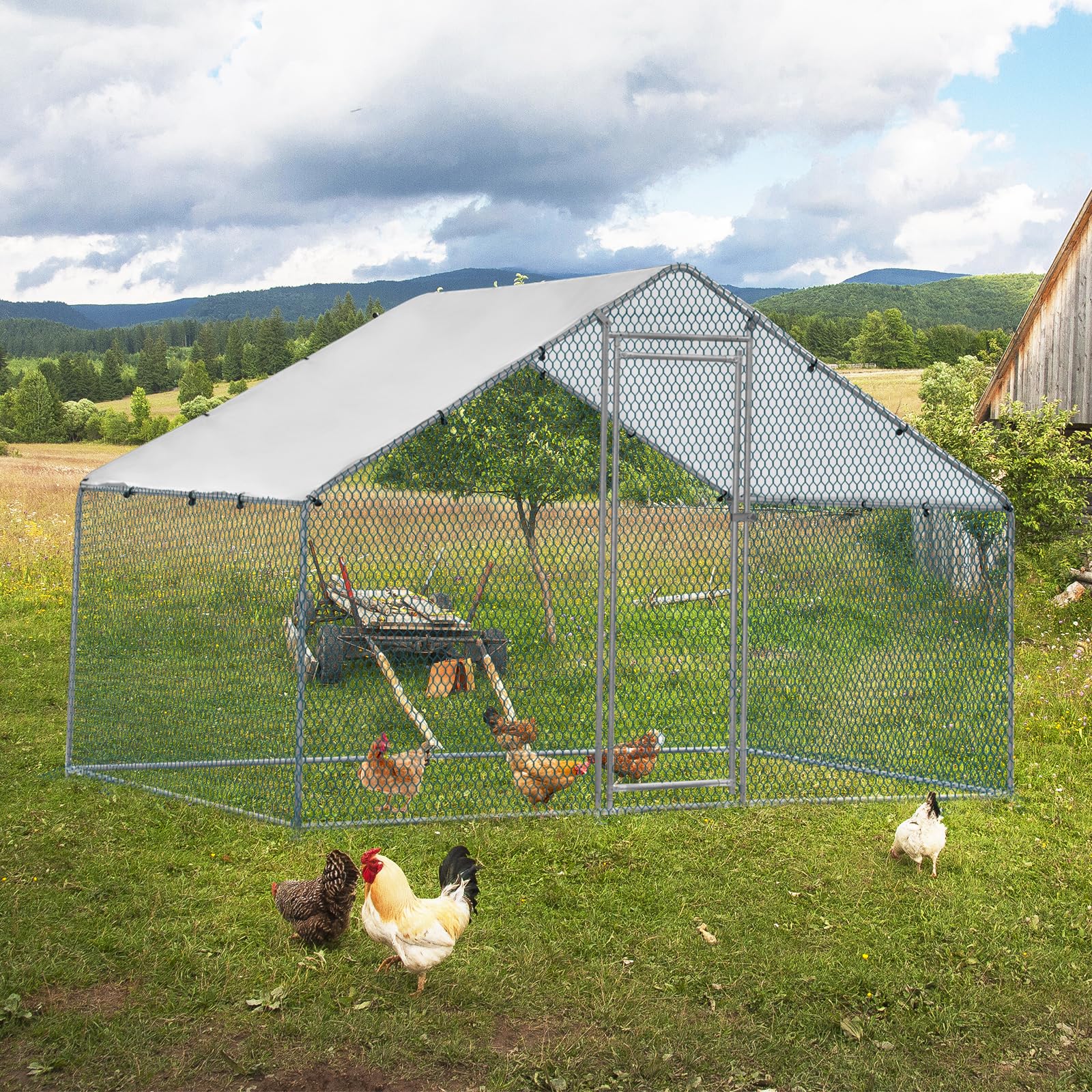 LEADZM Gallinero, 2 x 2 x 2 m, cercado para gallinas, 4 m², gran recinto con polietileno impermeable, de acero galvanizado, techo puntiagudo