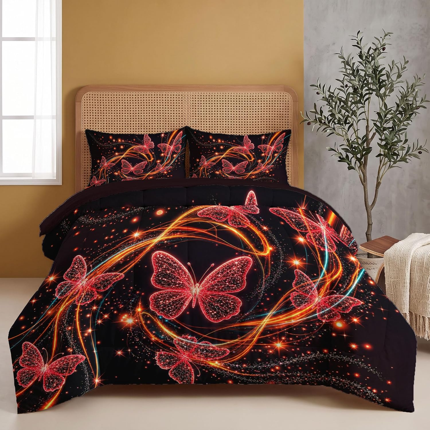 Glamorous Dark Comforter Set Full Size, Glowing Butterflies Print Breathable Bedding Set for Girls Boys Teens, Red Quilt Duvet with 2 Pillow Cases
