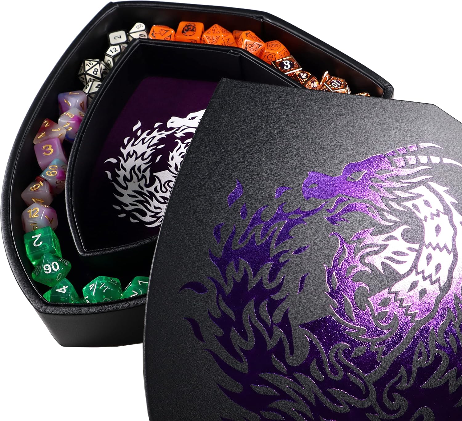 Fantasydice Shield Dice Tray Purple Fire Dragon with Lid and Dice Staging Area- Holds 6 Sets(7 Dice Set/Standard) for All Tabletop Games