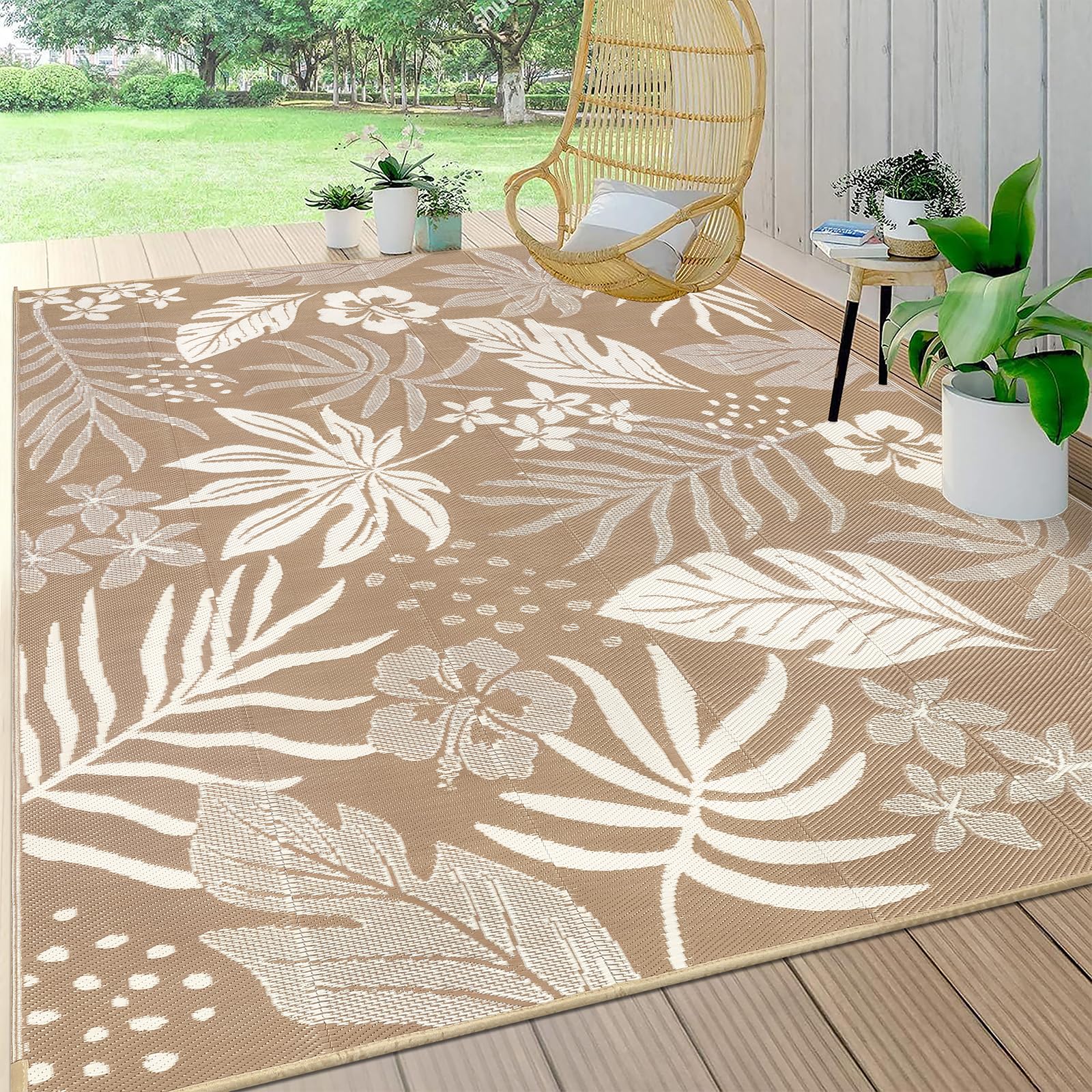 Pauwer Waterproof Outdoor Rug 8x10, Reversible Plastic Straw Patio Camping Rug, Indoor Outdoor RV Mat Carpet for Deck, Camper, Porch, Balcony, Backyard, Picnic, Floral Brown