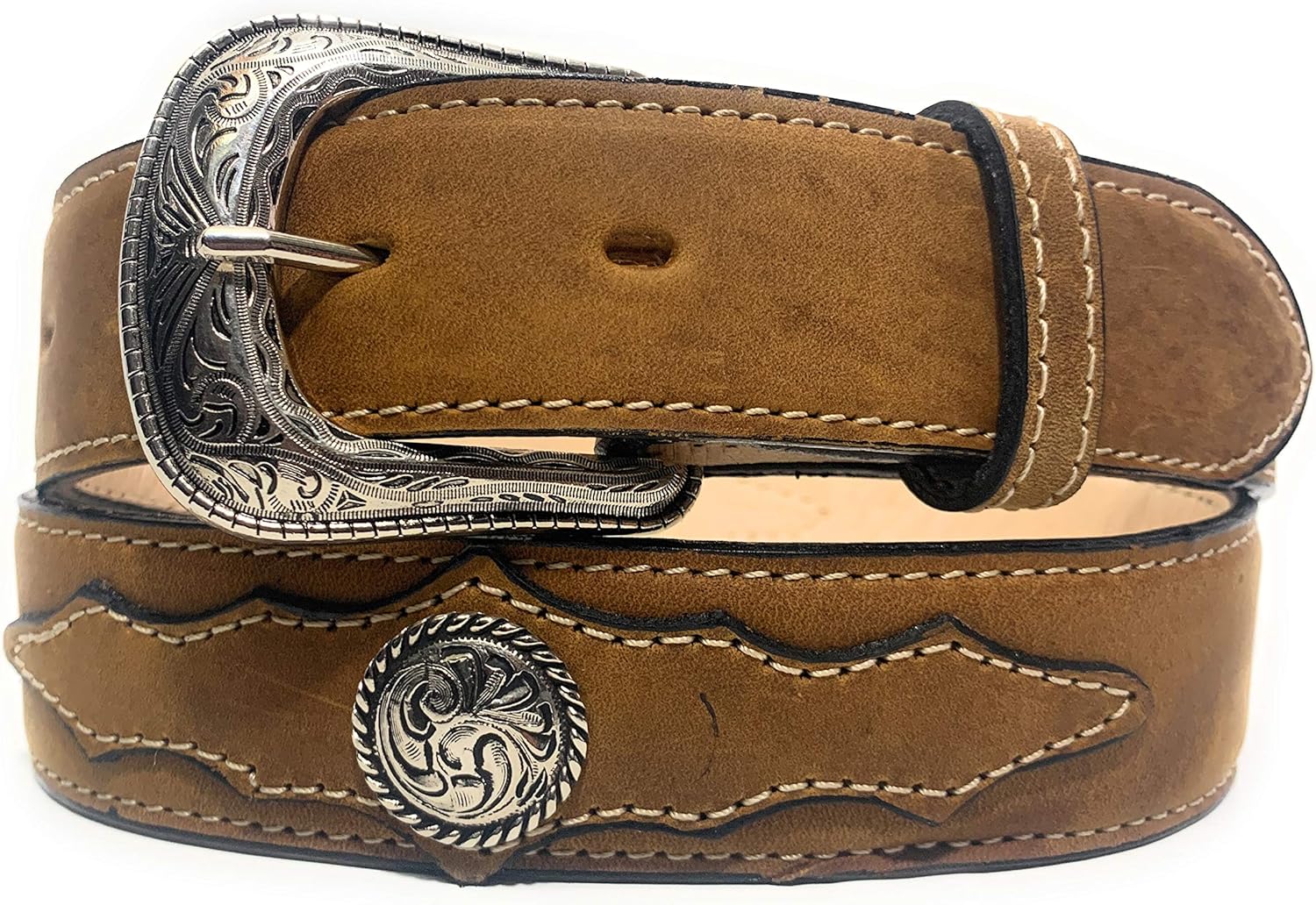 EL CHARRO MENS CONCHO DECORATED WESTERN BELT COWBOY RODEO CONCHO LEATHER BELT (34, Tan)