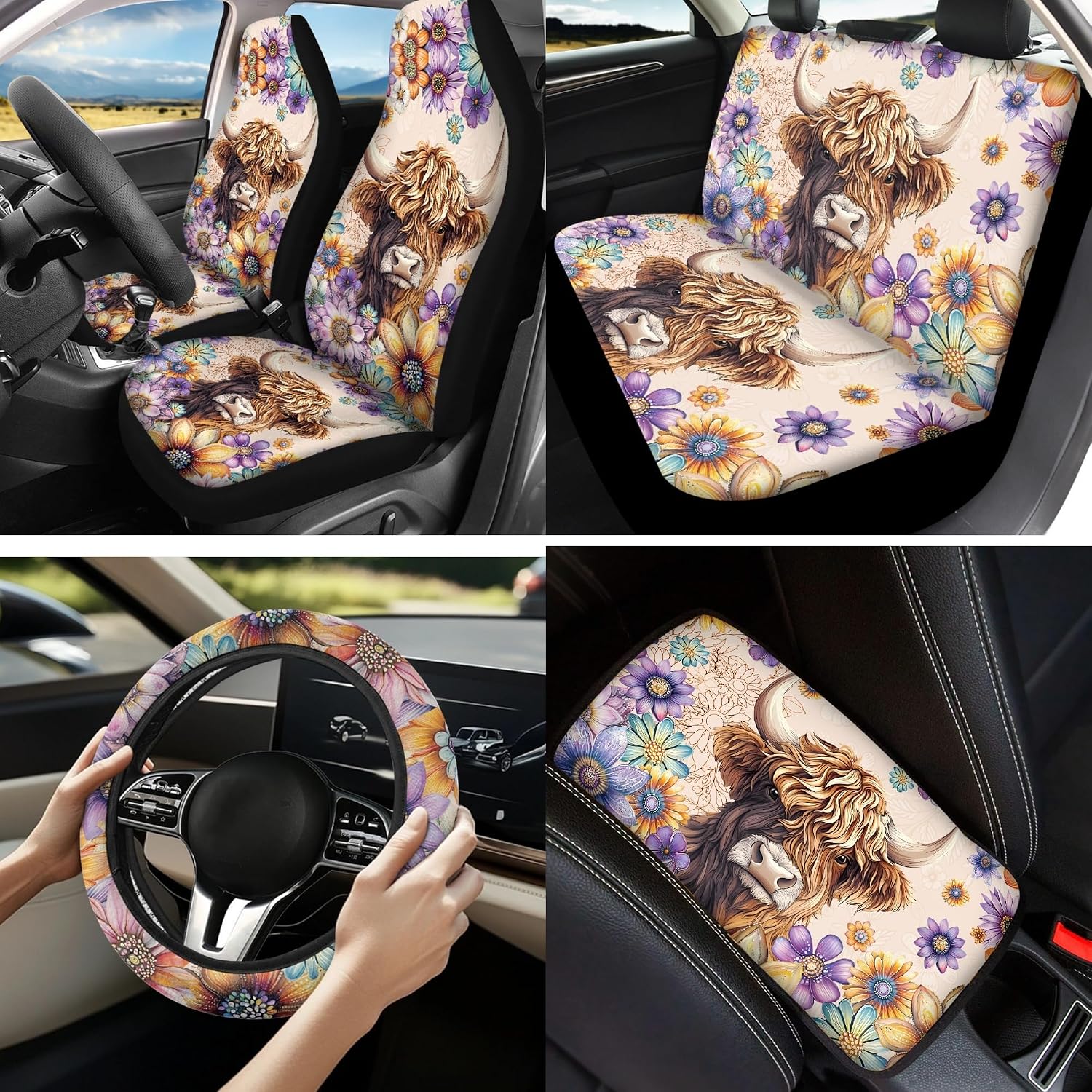 Highland Cow Car Seat Cover Full Set, 13 Pcs Dahlia Auto Interior Accessories Set with Steering Wheel Cover, Seatbelt Pads, Armrest Cushion, Coaster, Keychain, Universal Fit for SUV, Truck