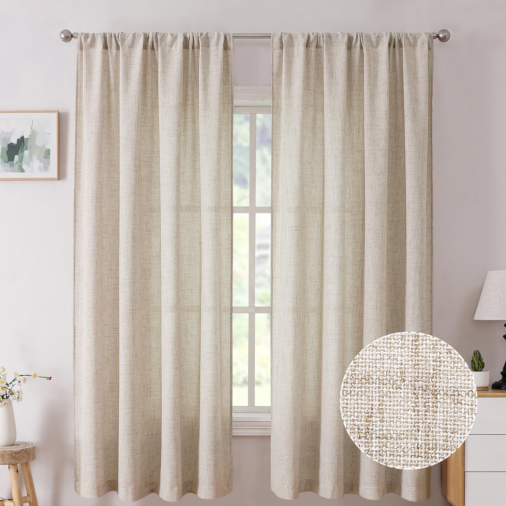 Short Linen Curtains Bedroom Rod Pocket Semi Sheer Curtain Burlap Light Filtering Thick Linen Drapes for Living Room, 38 x 45 inches Long, Natural, Set of 2 Panels