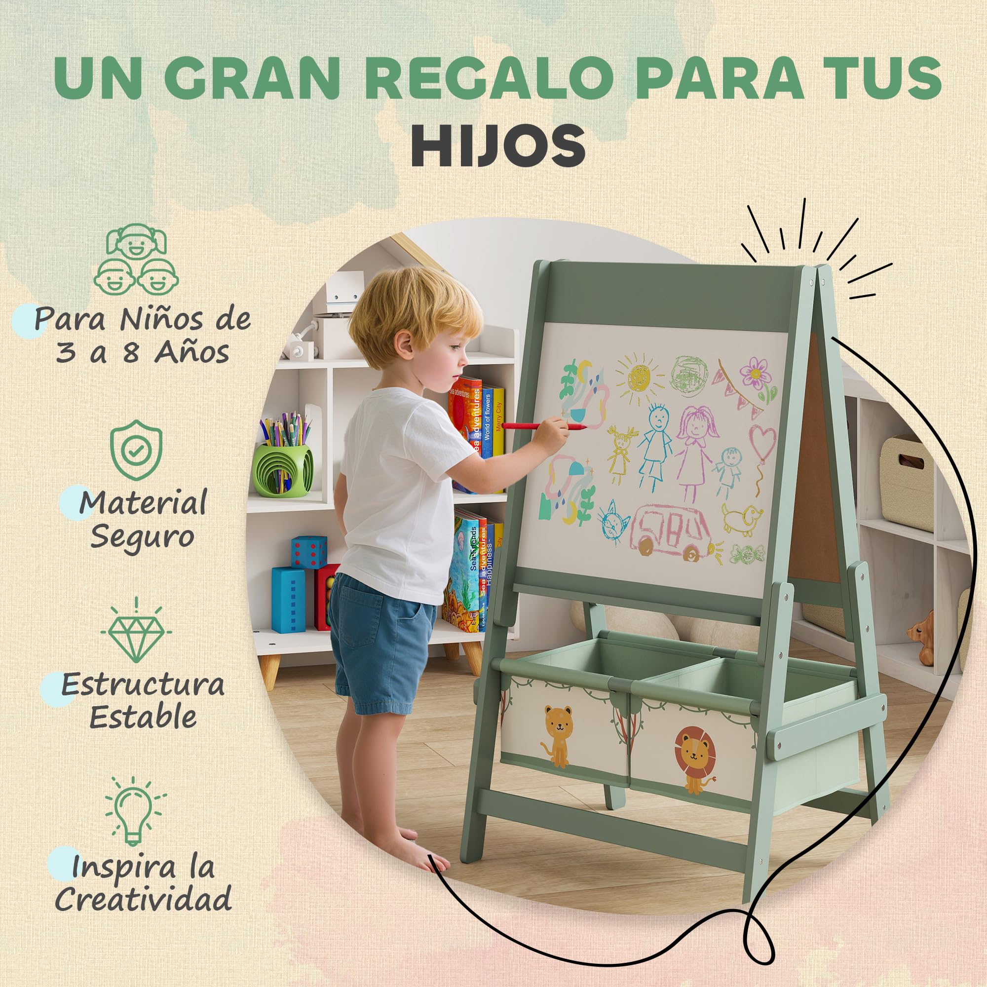 AIYAPLAY Pizarra Infantil Caballete 3 en 1 Pizarra Infantil de Doble Cara Caballete de Pintura para Niños de +3 Años con Rollo de Papel y Cestas de Almacenamiento 54x46x94 cm Verde
