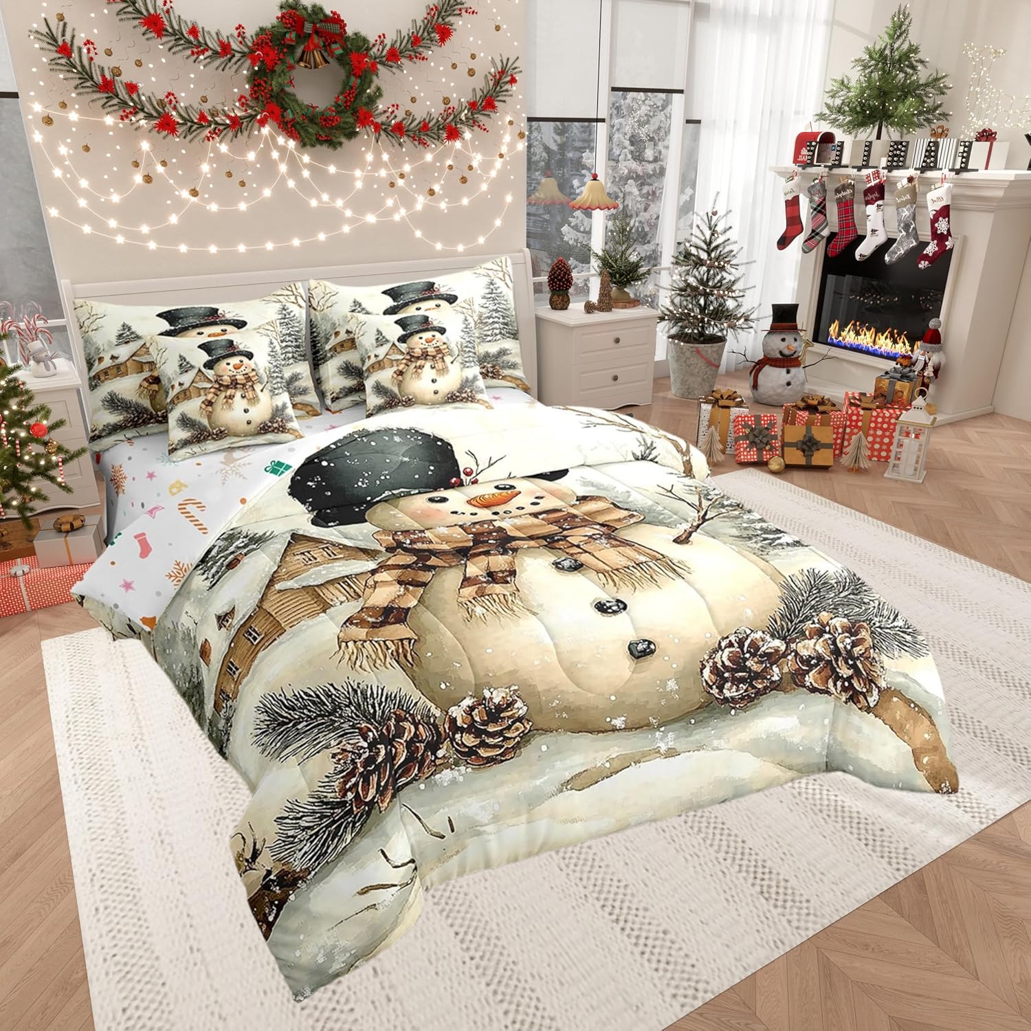 Manfei Rustic Farmhouse Snowman 7 Pieces Bedding Set Twin Bed in a Bag,Winter Christmas Pinecone Vintage Cabin Comforter Set,White Snow Merry Christmas Theme Soft Warm Microfiber Bedding