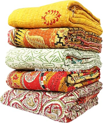 Indian Vintage Kantha Quilts Throws Wholesale Twin Printed Kantha Bengali Gudri Vintage Bed Throw Vintage Ralli Gudri lot of 5 Pc