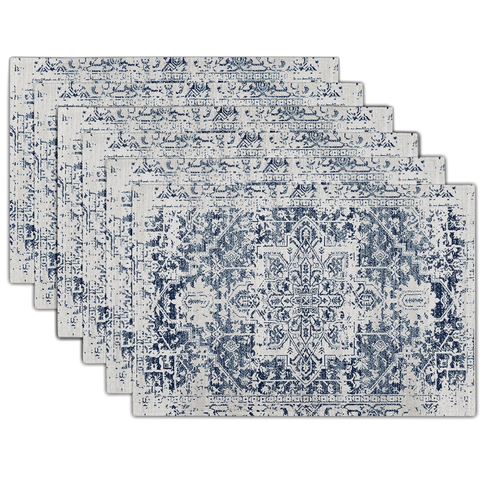 Navy Blue Grey Ethnic Boho Placemats Set of 6 Bohemian Carpet Vintage Gray Linen Washable Kitchen Dining Table Mats Stain Heat-Resistant Desktop Decor Place Mats for Home Party Indoor 12x18 in