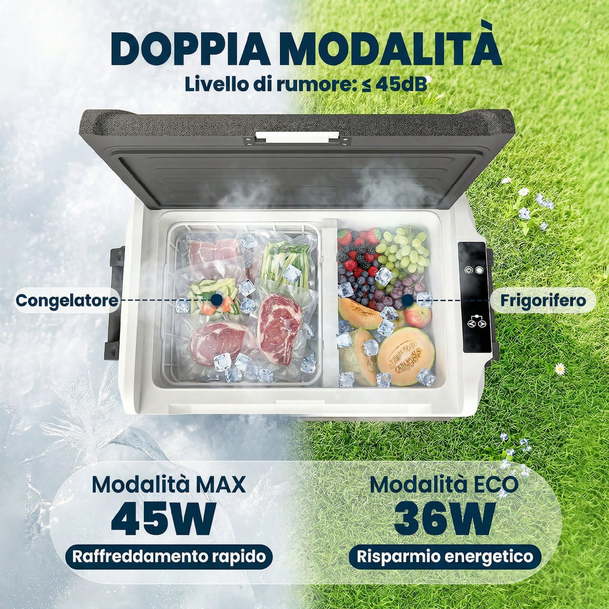 Outsunny Frigorifero Portatile per Auto 50L a Doppia Zona con Compressore, Frigo Elettrico Anti-Shock, APP Bluetooth, Ruote, Maniglia Pieghevole, 12V/240V, -20°C a 20°C, per Campeggio Camion Barca
