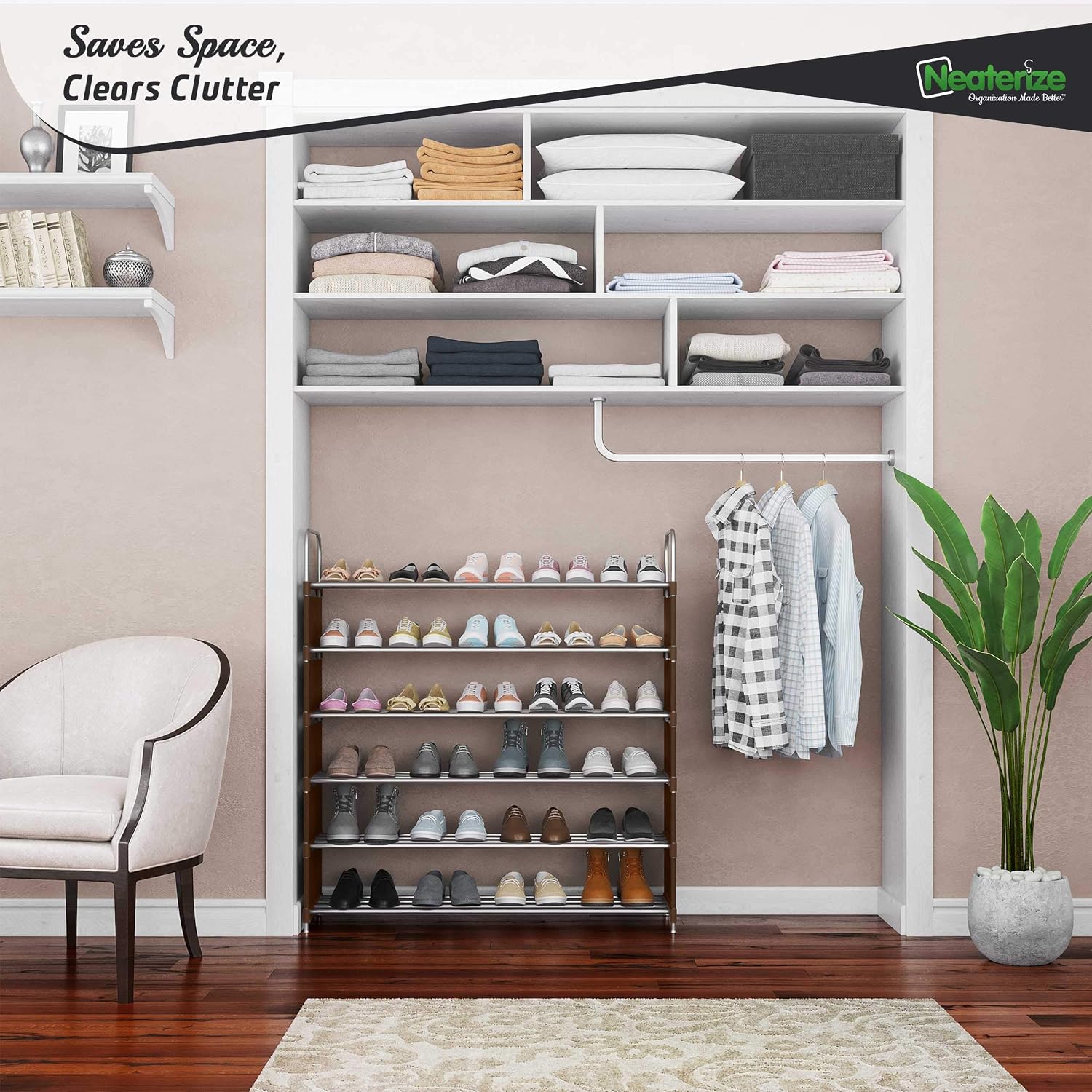 NEATERIZE 6 Tier Wide Shoe Rack | Stackable, Metal, Closet Shoe Organizer | Shoe Shelf Cabinet | Organizador De Zapatos | Shoe Rack For Closets, Entryway, Living Room And Bedroom (Brown)