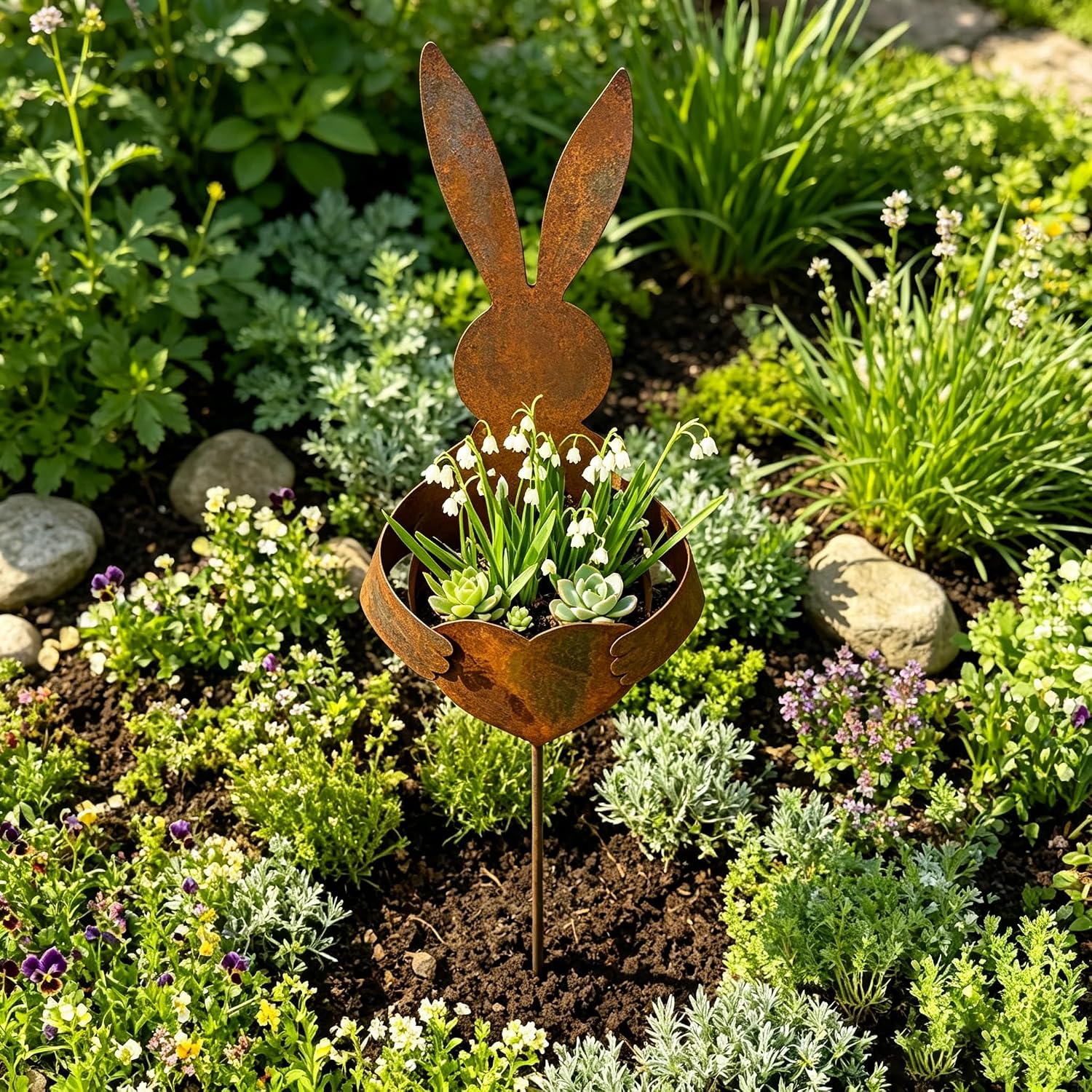 Rusty Metal Rabbit Garden Stake Planter, Easter Yard Art, Iron Flwr Holder image 4