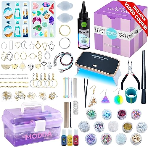 Modda Kit de resina UV con luz para principiantes con curso de video, kit de fabricación de joyas de resina para adultos, incluye resina UV, lámpara