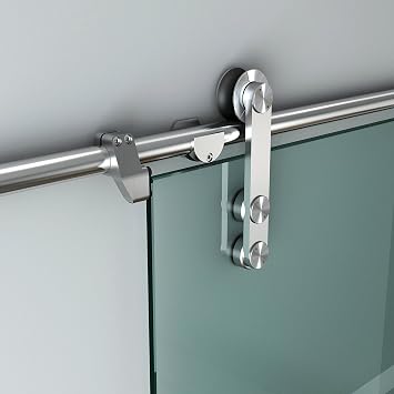 DIYHD 6FT Stainless Steel Glass Sliding Barn Door Hardware, Satin | Sliding track kit for office partition. Fits 8-10mm glass. Max load 200lbs. Up to 36" wide doors. No Glass