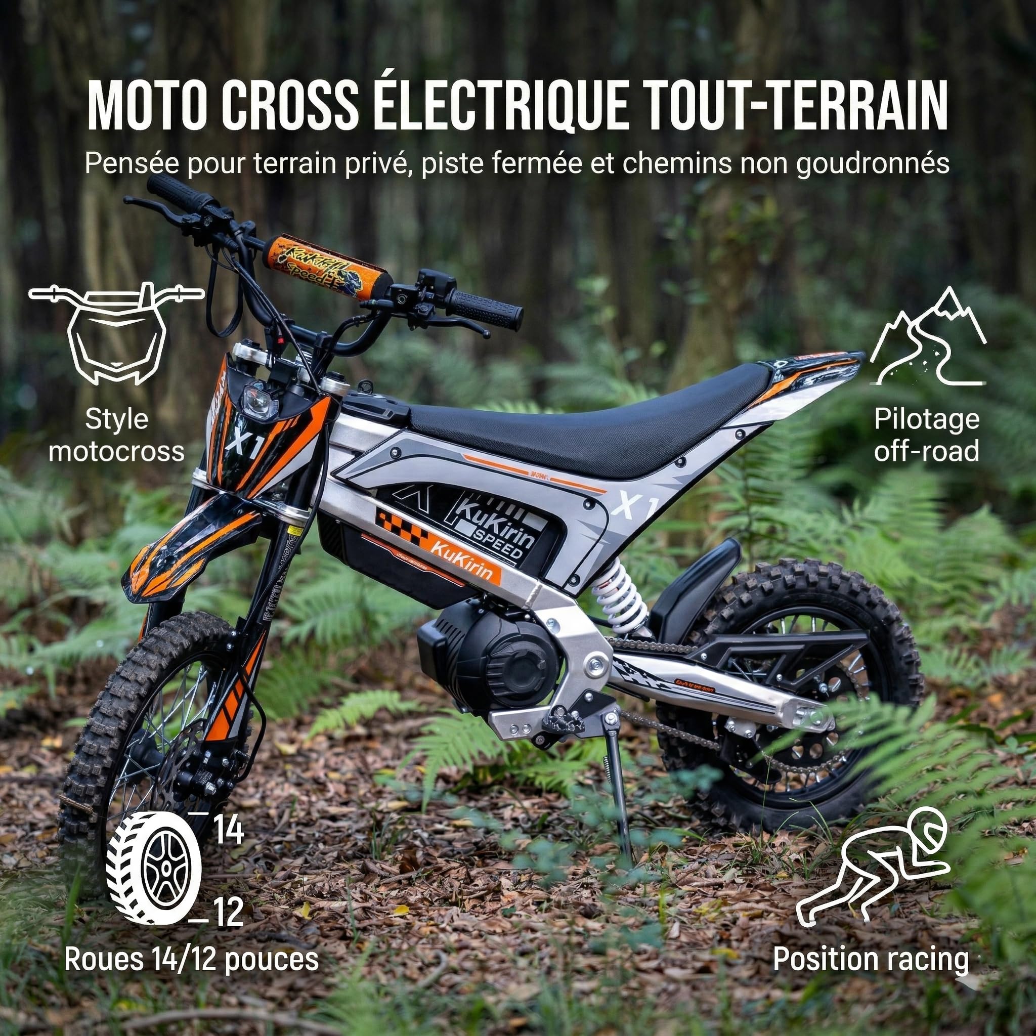Kukirin X1 Elektrisches Motocross-Motorrad, Off-Road, Abnehmbarer Akku 48 V 20,8 Ah, Mittelmotor 1000 W, Hydraulische Bremsen, Hydraulische Federung, IP65, 14/12 Zoll Räder, für Privatgelände