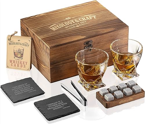 Mixology - Juego de regalo de piedras de whisky para hombre, paquete de 2, vasos de whisky de 10 onzas con 8 rocas de granito, 2 posavasos, pinza de