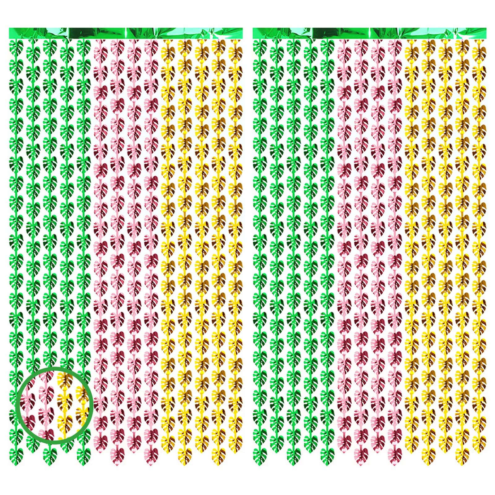 Tingjoo 2 Pcs Hawaiian Luau Party Decorations 3. 3x6. 6 ft Hawaiian Luau Party Foil Fringe Curtains Tropical Leaves Banner Green Rose Gold and Yellow