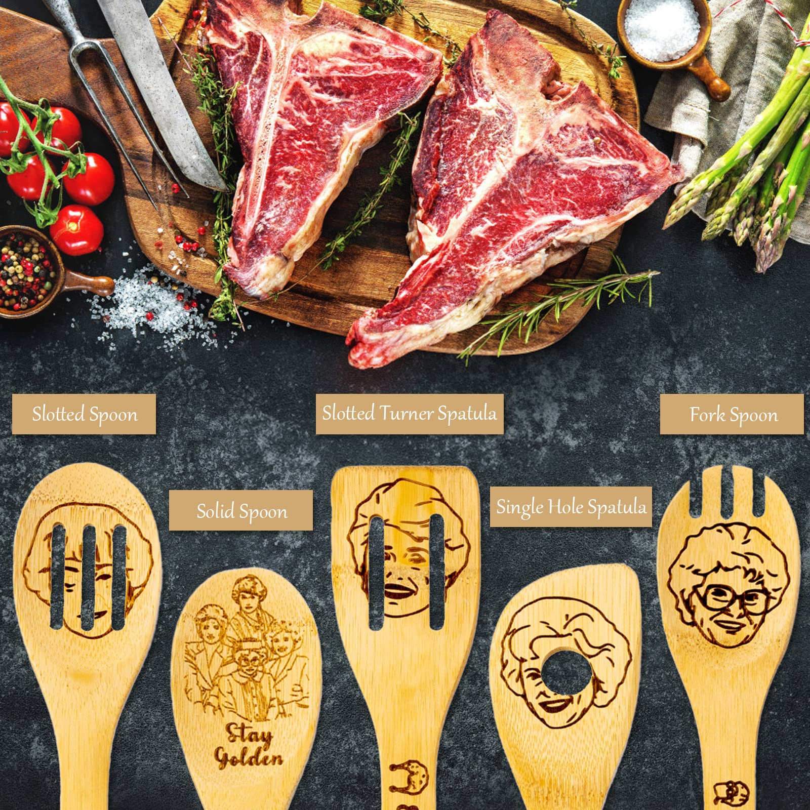 Golden Girls Set di cucchiai in legno per cucinare, merchandising dorato per ragazze, regali d'oro per ragazze, set di utensili da cucina per ragazze dorate: 5 cucchiai in bambù, 1 supporto per