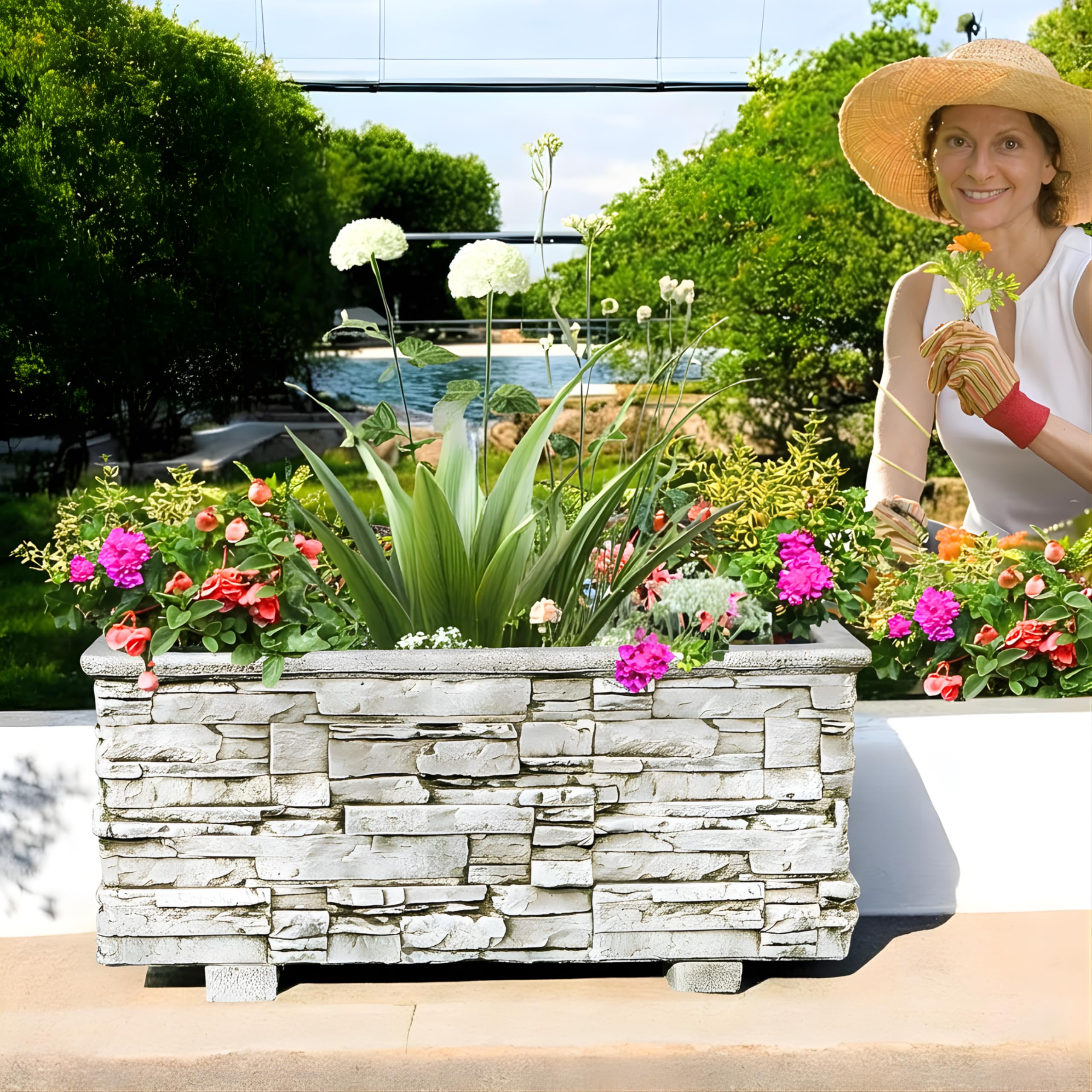 Jardinera Exterior de Lajas, Hormigón 90x42x39 cm, Ceniza | Maceteros grandes exterior y jardineras exteriores grandes; jardinera rectangular exterior de hormigón