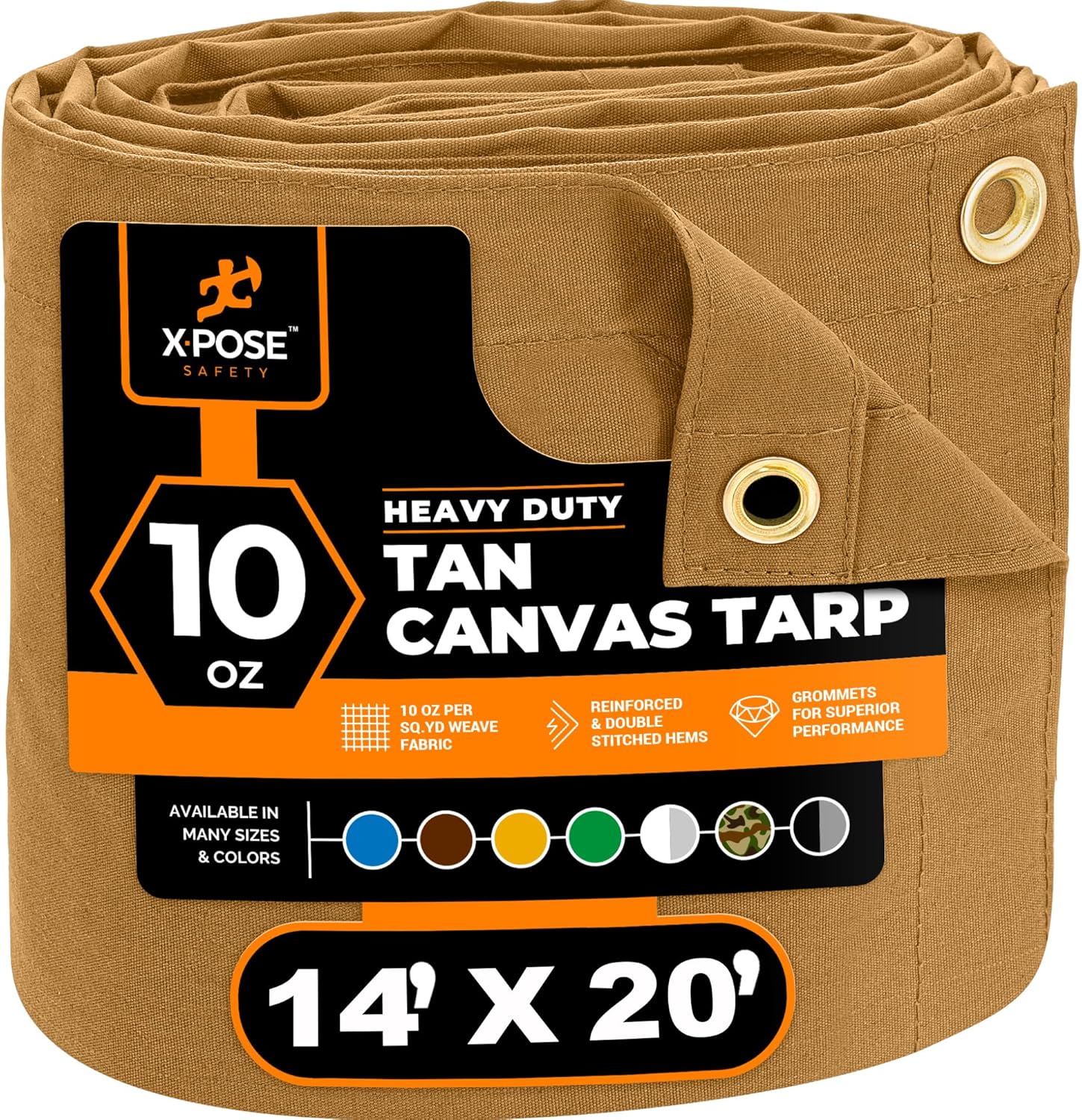 Xpose Safety Canvas Tarp - 10oz Tan Canvas Tarps Heavy Duty Water Resistant with Brass Grommets- Multipurpose Outdoor Tarpaulin for Camping, Canopy, Trailer, Equipment Cover 14' x 20' Tan 14' x 20'