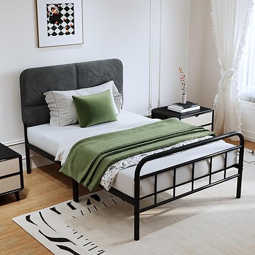 Miniatura 3 de Base de cama metálica de 14 pulgadas, base de cama tamaño individual con cabecero tapizado, base de colchón resistente y de alta capacidad, fácil