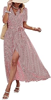 Women's Summer Maxi Dress Casual Wrap Floral Boho Short Sleeve V Neck Split Ruffle Beach Long Dresses - Buy now