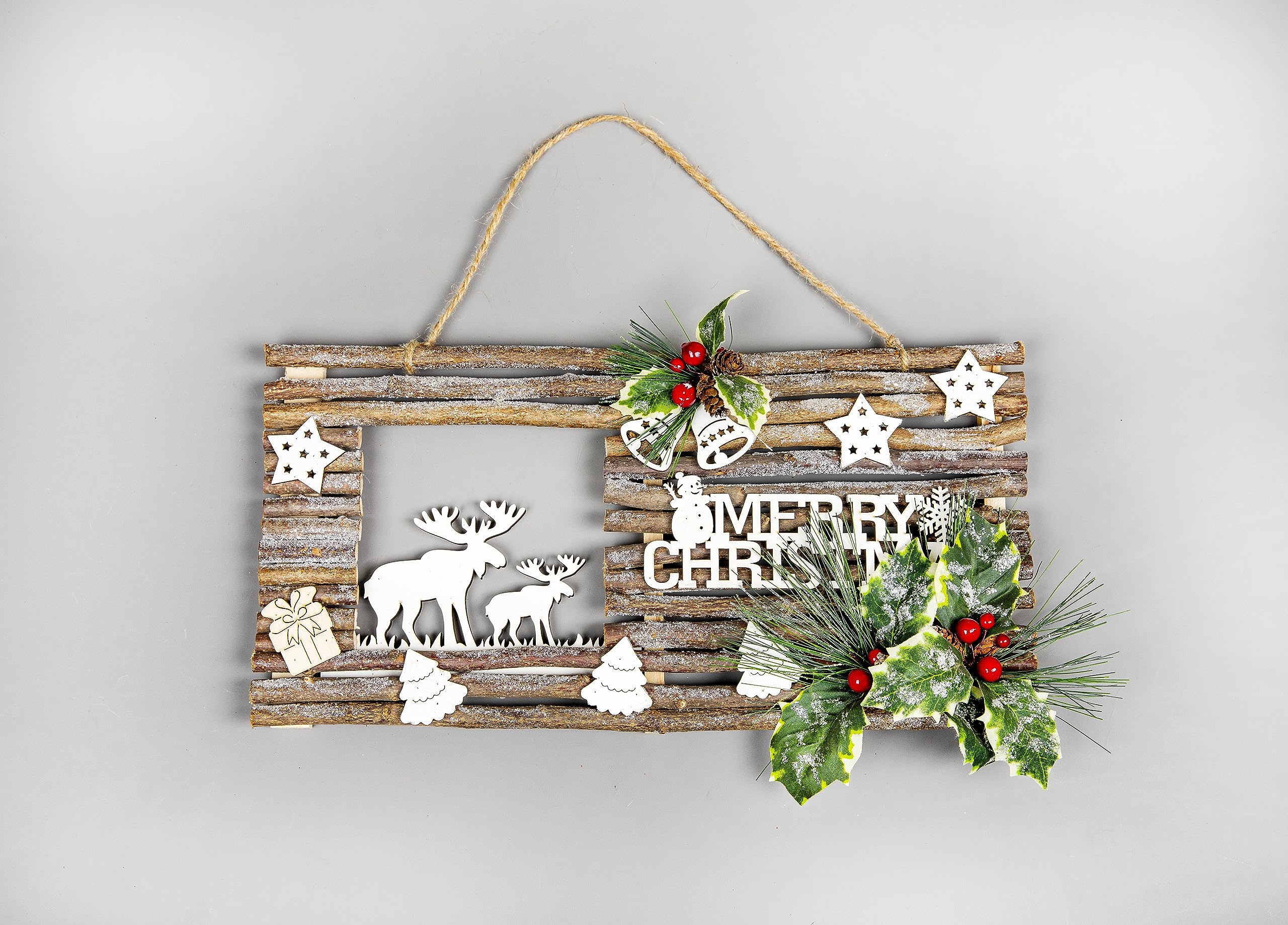 Wooden Twig Reindeer Scene Wall Hanging - Merry Christmas - Pine, Berries, Glitter - 40x20cm