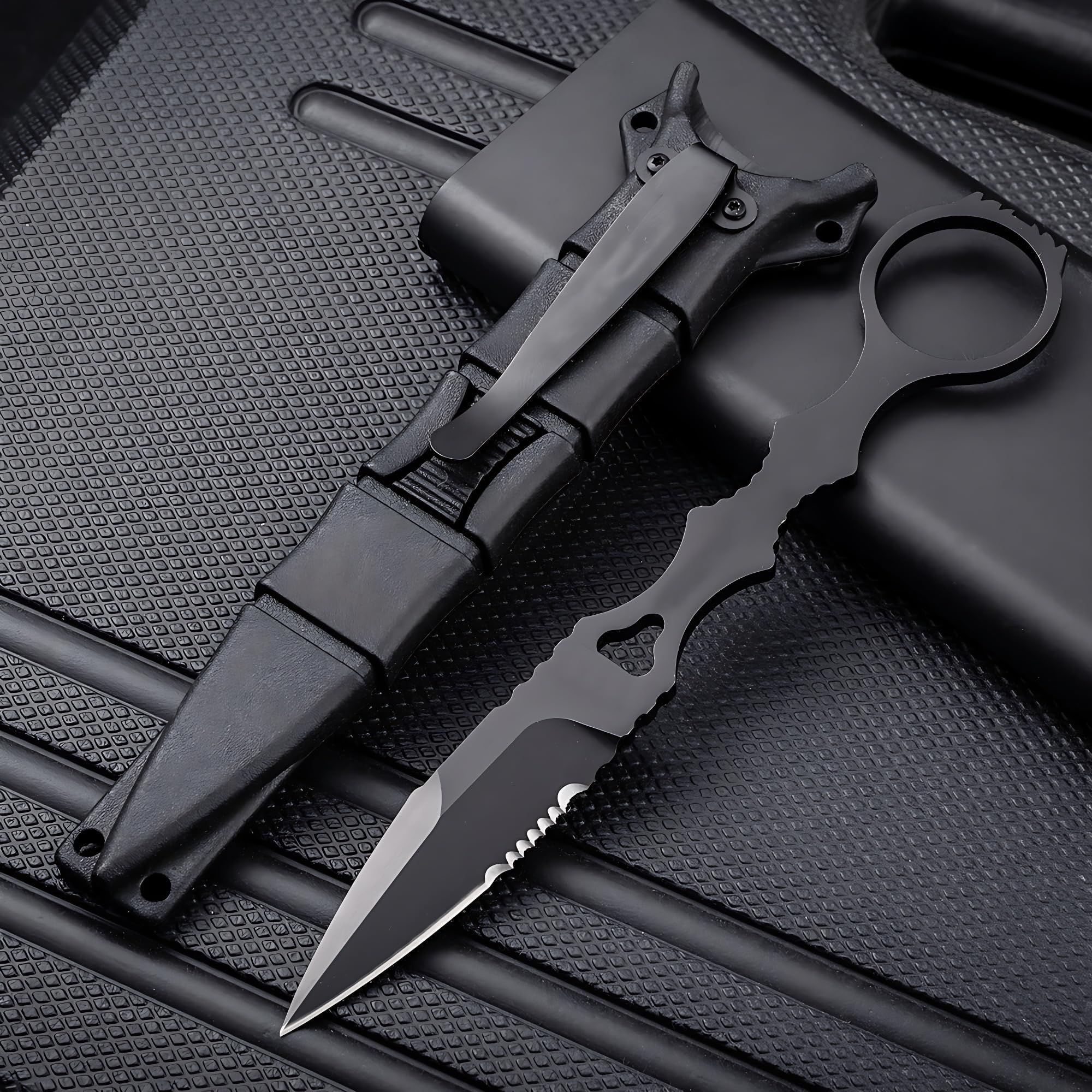 Portable 6.7 Inch 440C Fixed Blade Outdoor Camping Straight Knife With Kydex Sheath - Black
