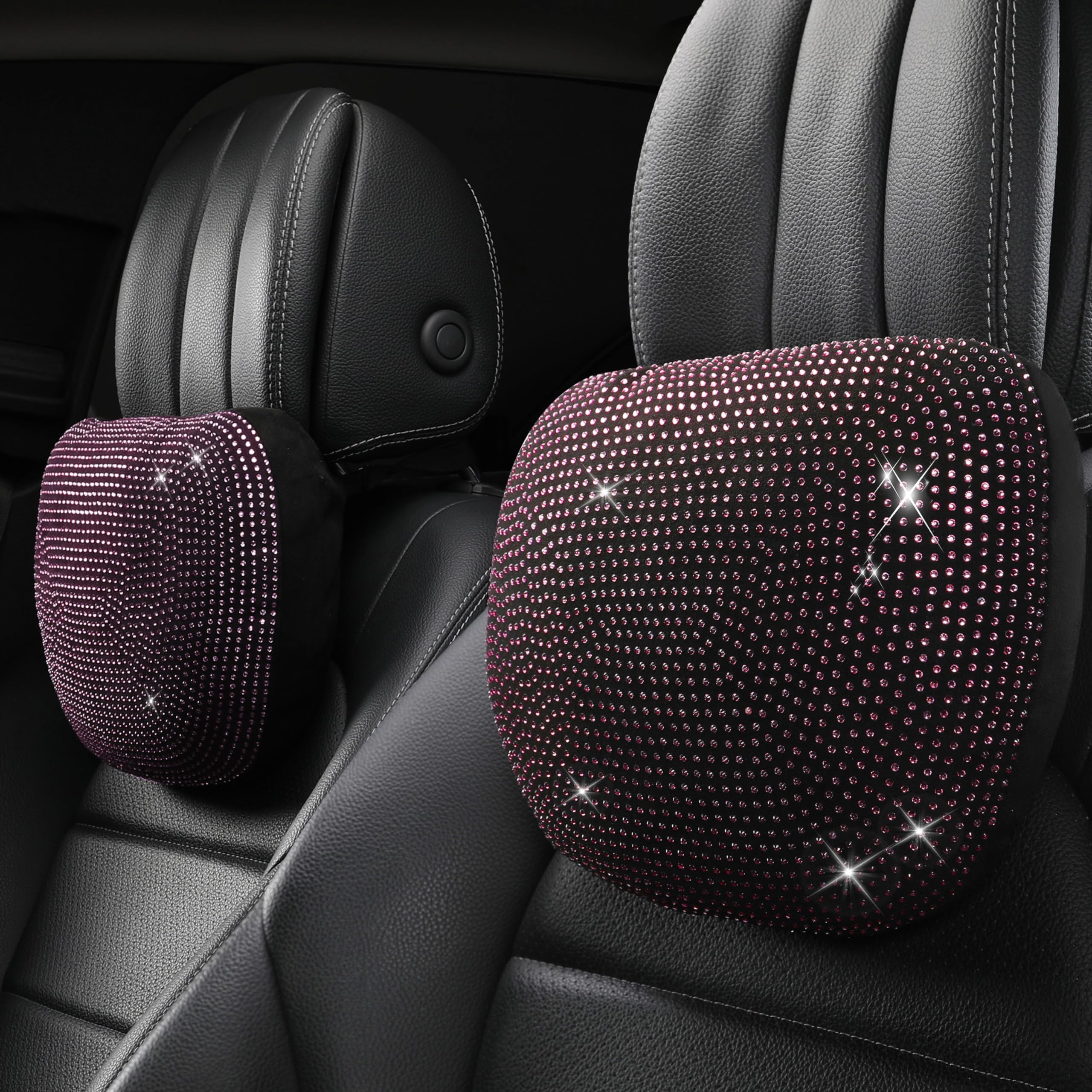 Bling Car Neck Pillow Rhinestones Crystal headrest Pillows,car Accessories for Women,Refreshing Cool,Decorative,Fillable,Adjustable(Ice Pink Rhinestone&Black Base,Neck Pillow 2pcs)