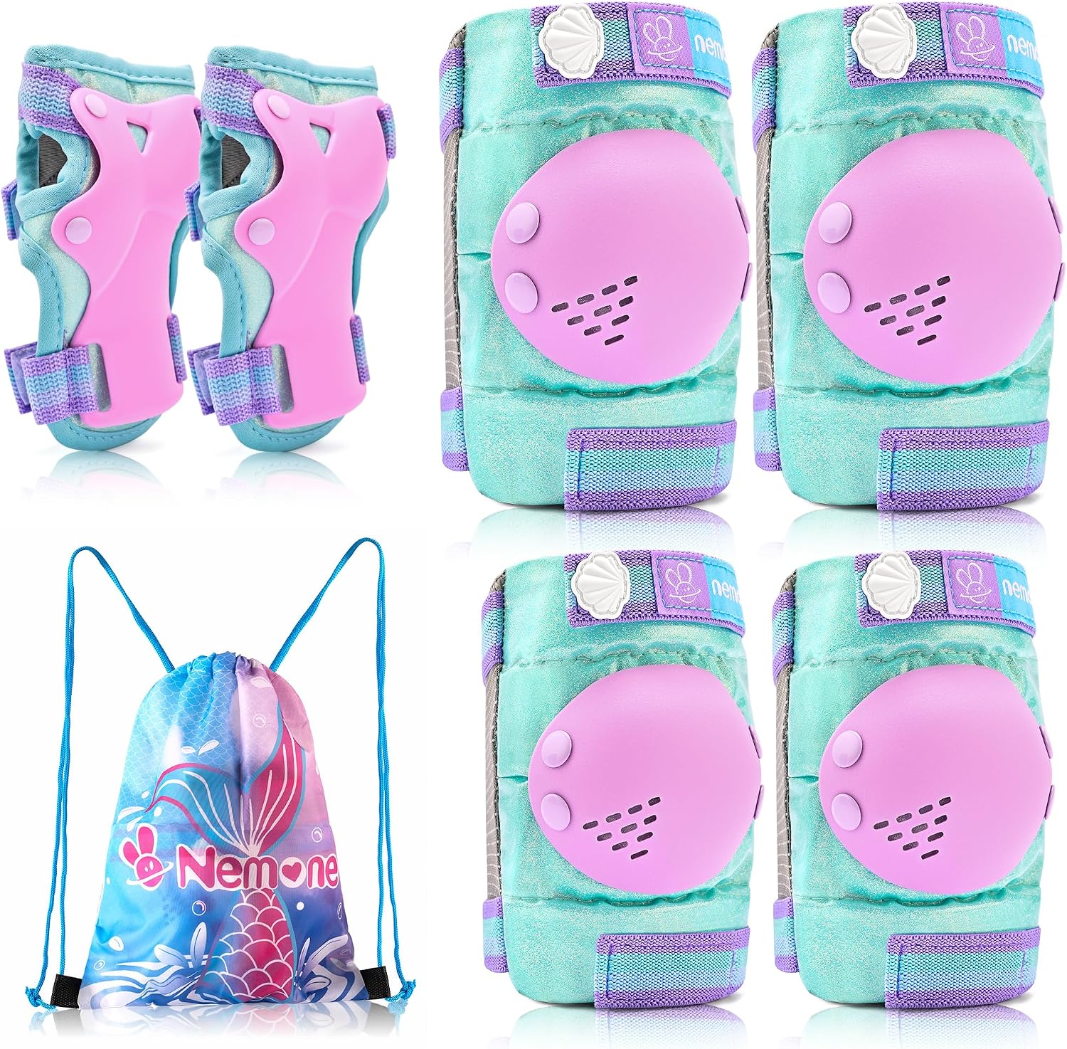 NEMONE Mermaid Inline Skates (Green M) with Protective Gear Set Knee Elbow Wrist Guards Pads for Kids Girls (Green M)