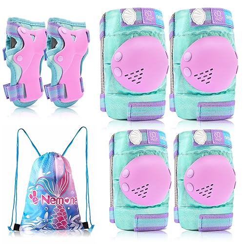 NEMONE Rodilleras de sirena para niños, coderas y muñequeras con bolsa de cordón, juego de protección reflectante ajustable para patinetes,