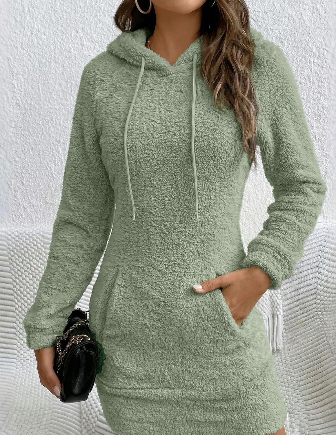 Hoodie Dress for Women Stretchy Fleece Pullover Bodycon Sweatshirt Dresses Pockets Hooded - Image 3