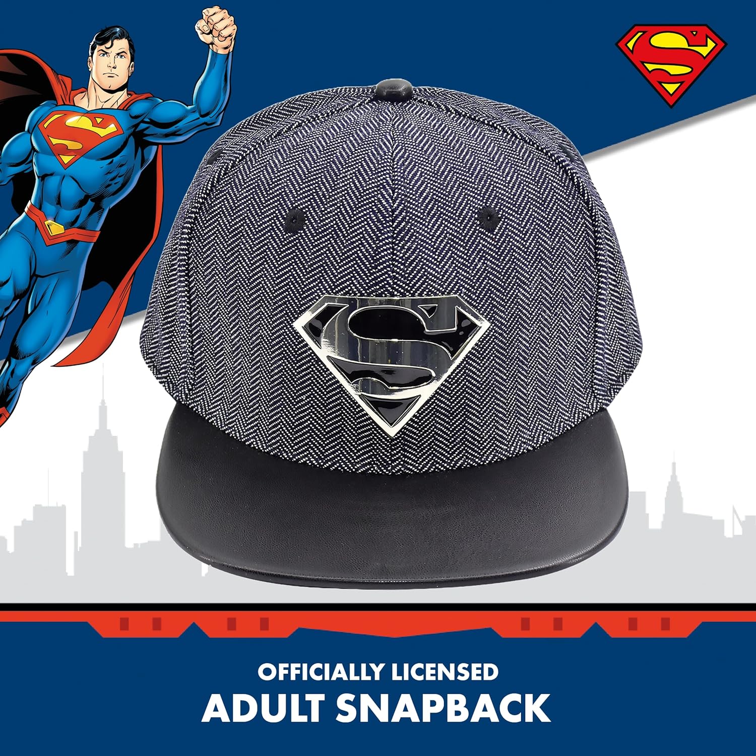 DC Comics Superman Baseball Cap, Metal Logo Adult Adjustable Strapback Hat with Flat Brim for Men and Women, Grey, One Size - Image 2